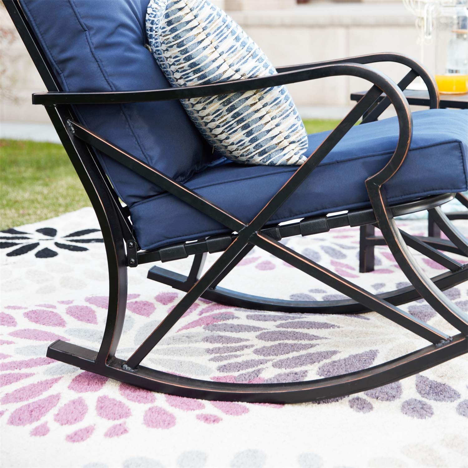 **Outdoor Rocking Chair Set with Coffee Table & Cushions - 3-Piece Patio Furniture for Backyard, Porch, Poolside - Durable Metal Bistro Set (Blue) - Perfect for Relaxing, Lounging & Entertaining**
