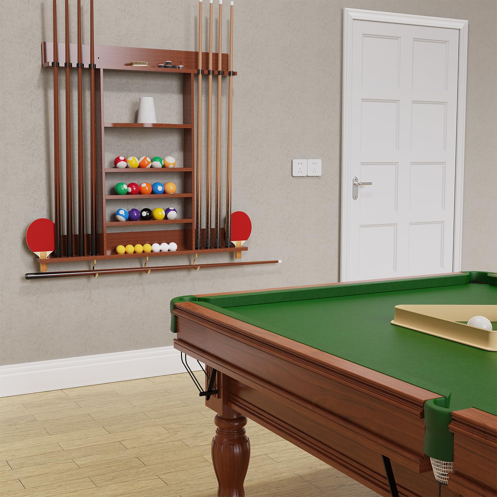 8-Slot Wall Mount Pool Cue Rack & Ping Pong Paddle Holder - Solid Wood 2-in-1 Billiard Accessory for Game Room, Bar, or Man Cave (Classic Burgundy) - Perfect for Organizing Cues & Paddles in Style