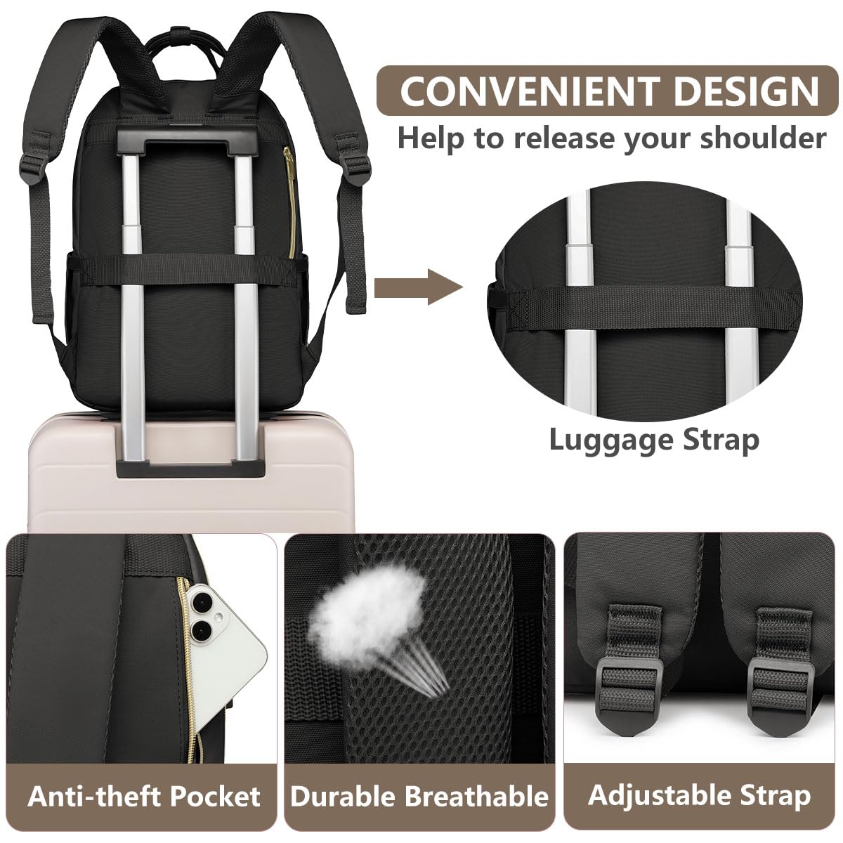 Stylish Women's Laptop Backpack with USB Charging Port - Waterproof Travel & Business Computer Bag for Work, School, College - Perfect for Teachers, Nurses & Professionals (Black)