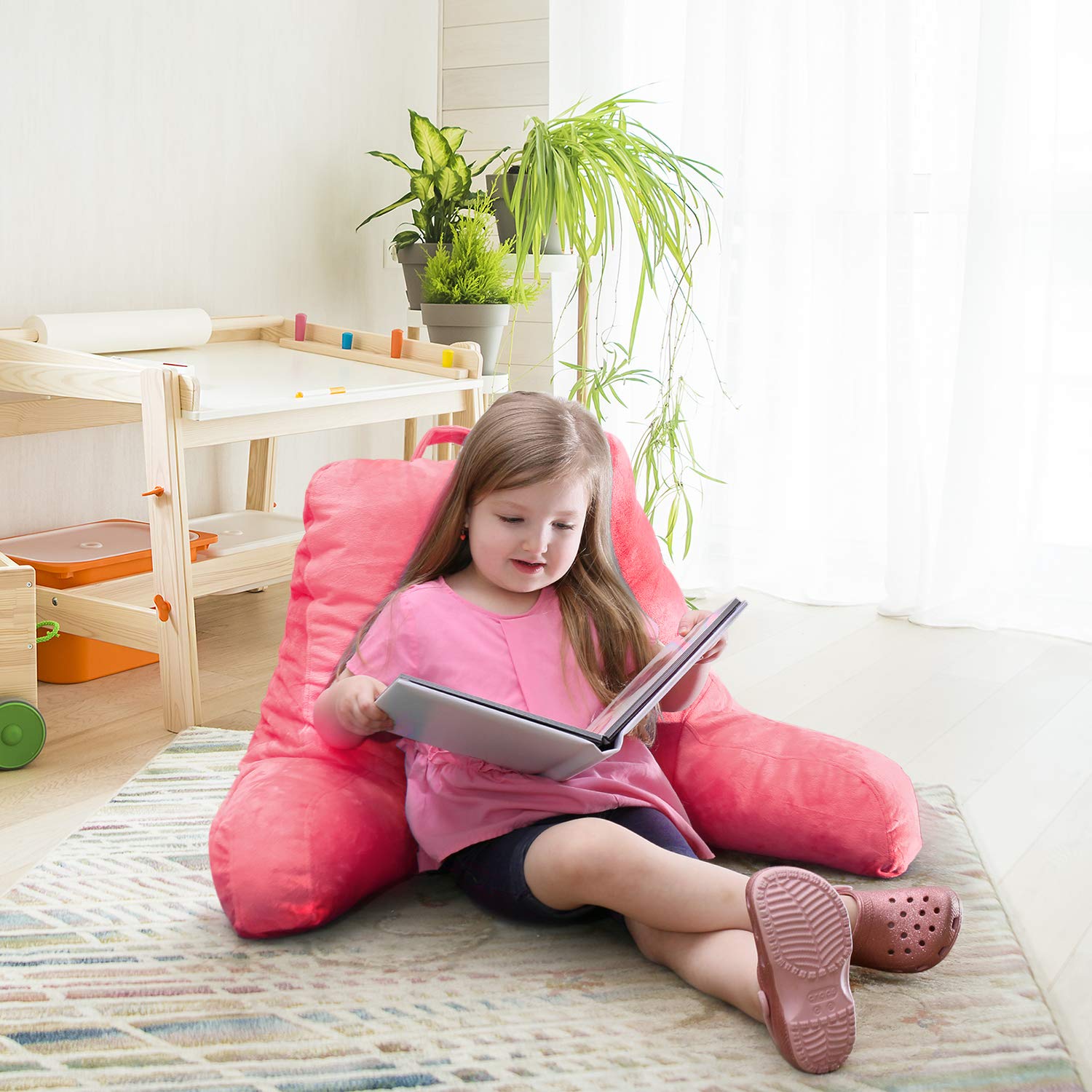 Nestle Kids Reading Pillow - Memory Foam Back Support Cushion for Sitting in Bed, Chair & Floor - Light Pink Bed Rest Pillow with Pockets | Perfect for Reading, Watching TV & Relaxing in Bedroom or Nursery
