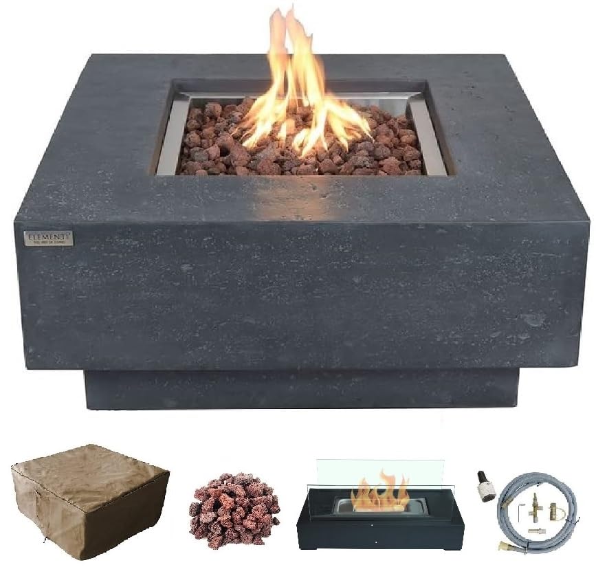 AMS Modern Concrete Propane Fire Pit Table for Outdoor Patio - Includes Cover & Lava Rocks | Elementi Dark Grey Manhattan Design | Liquid Propane Fuel | Perfect for Backyard Gatherings, Poolside Relaxation & Cozy Evenings