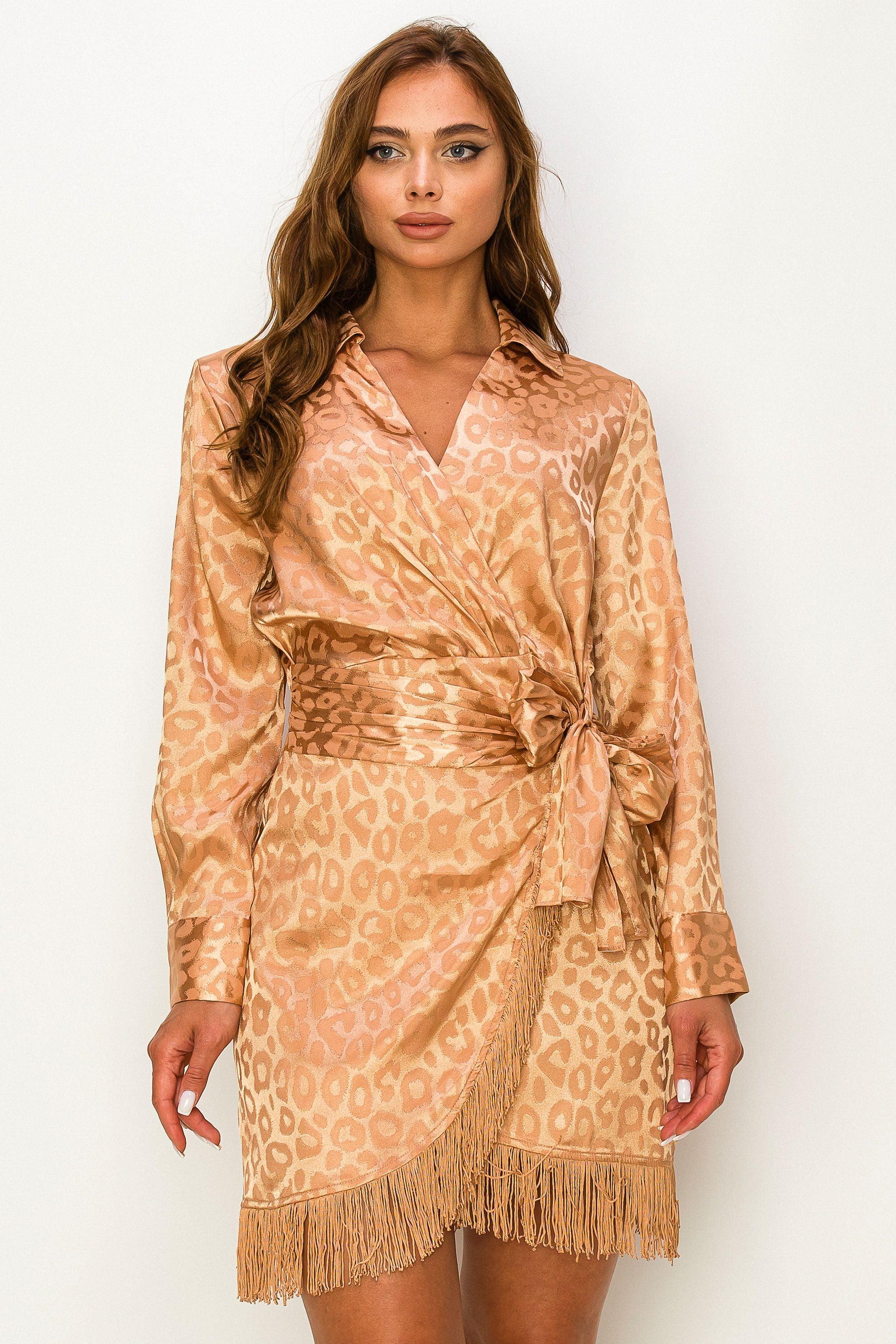 La Sevillana Animal Print Fringed Dress in Gold - Perfect for Parties, Date Nights & Special Occasions
