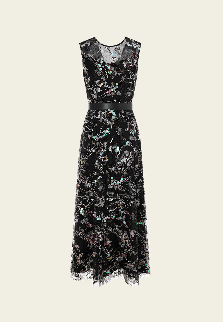 Glamorous Sequin Embellished Sleeveless Mesh Party Dress for Women - Perfect for Evening Events, Prom, and Special Occasions