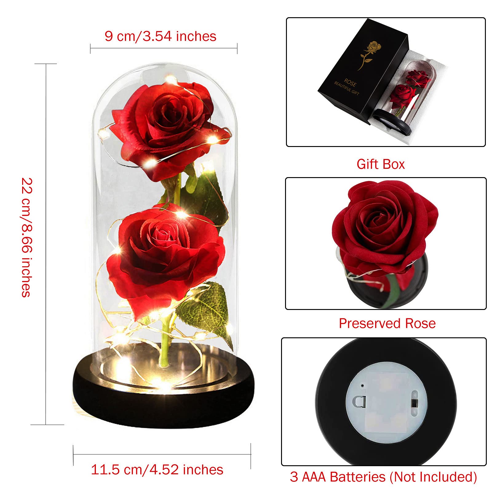 Enchanted Glass Rose in Dome - Beauty and The Beast Inspired Eternal Rose Gift for Women, Mom, Wife - Red Silk Flower with LED Light for Valentine's Day, Anniversary, Wedding, Birthday - Romantic Home Decor & Keepsake Present
