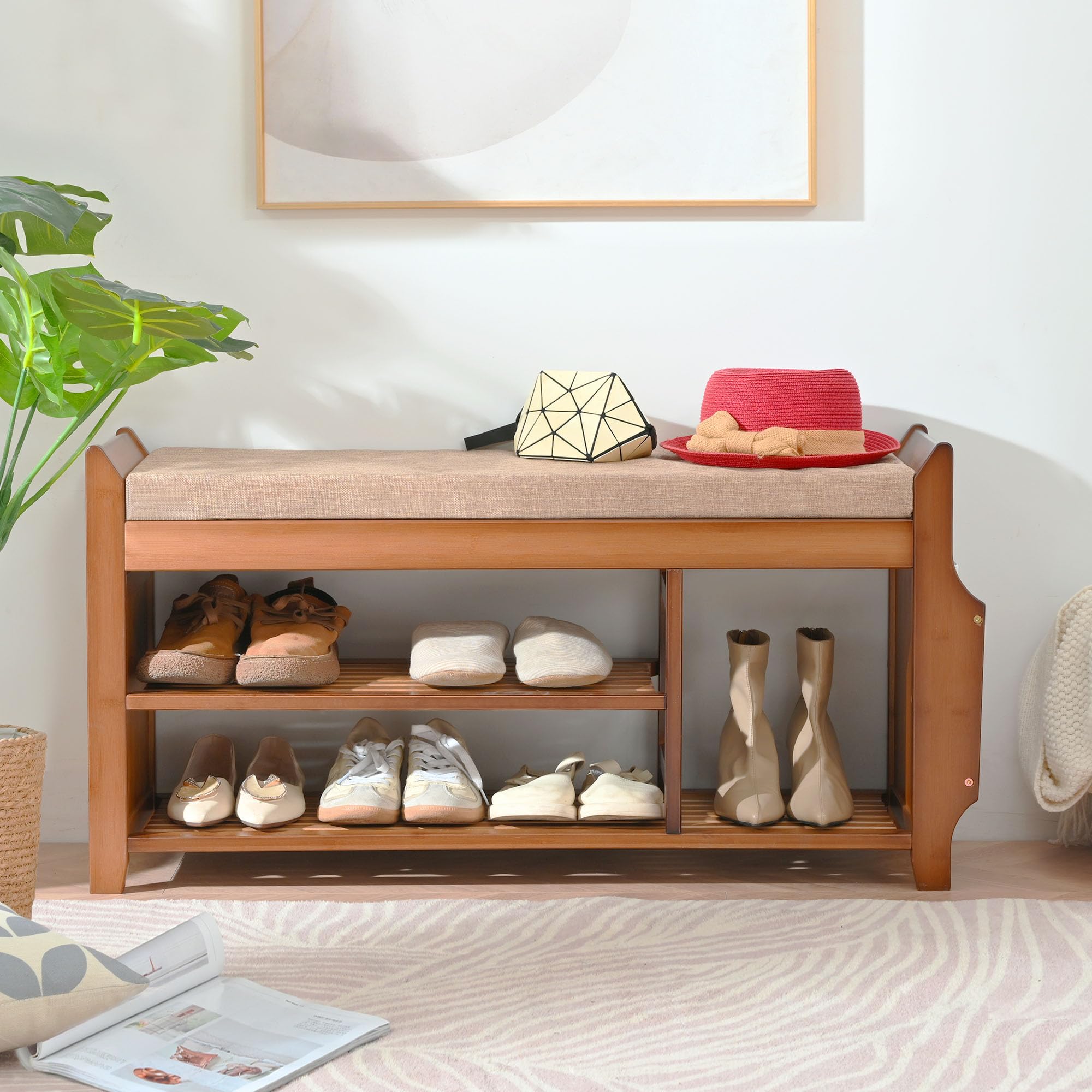 39.4 Inch Bamboo Shoe Bench with Hidden Storage Drawer & Side Holder - 2-Tier Entryway Storage Bench with Cushion for Hallway, Living Room, Bedroom | Perfect for Small Space Organization & Shoe Storage Solutions