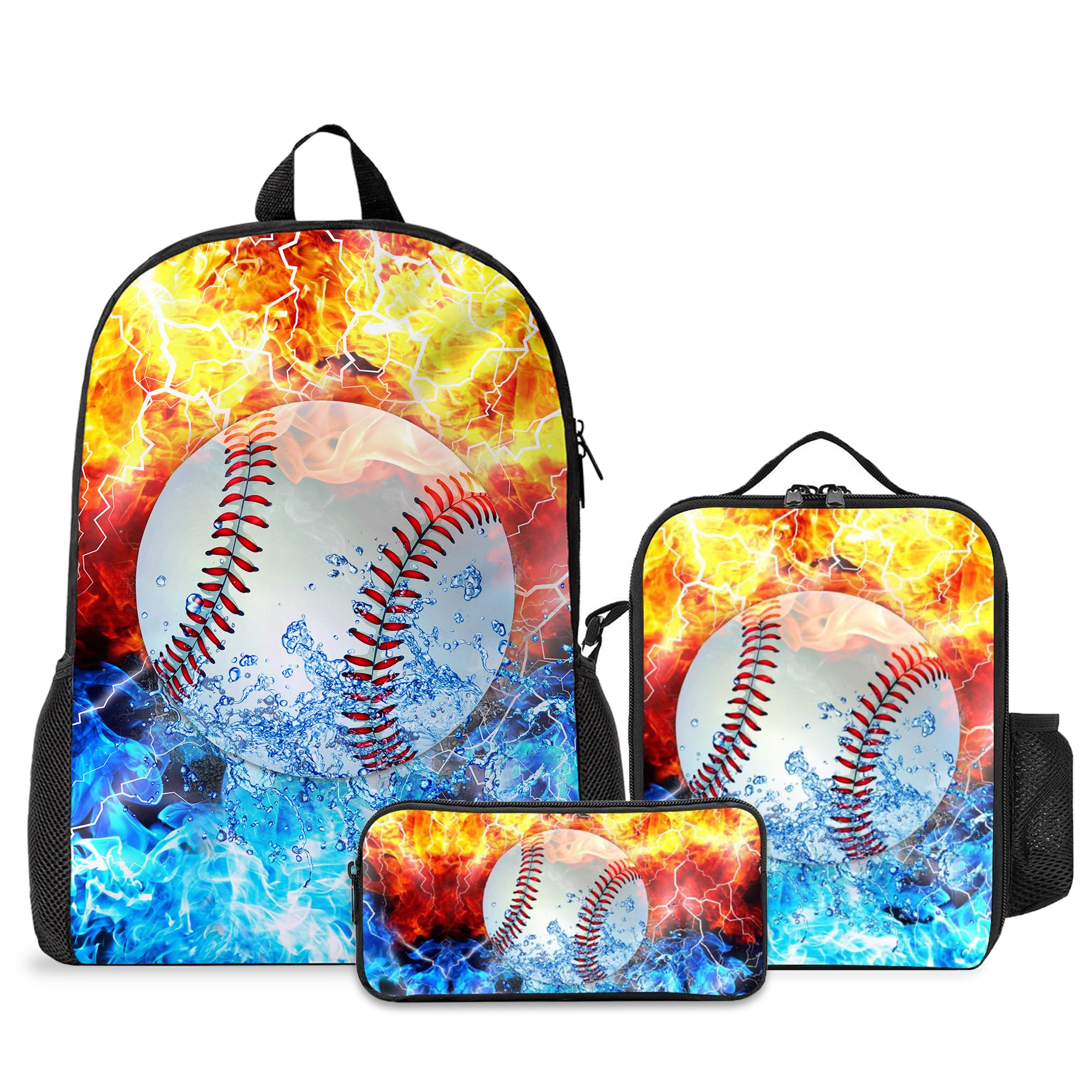 **Kids Backpack Set with Lunch Box & Pencil Case - 3PCS School Backpack for Boys & Girls, Teen Bookbag for Middle & High School Students - Baseball & Fire Design - Perfect for School, Travel & Daily Use**