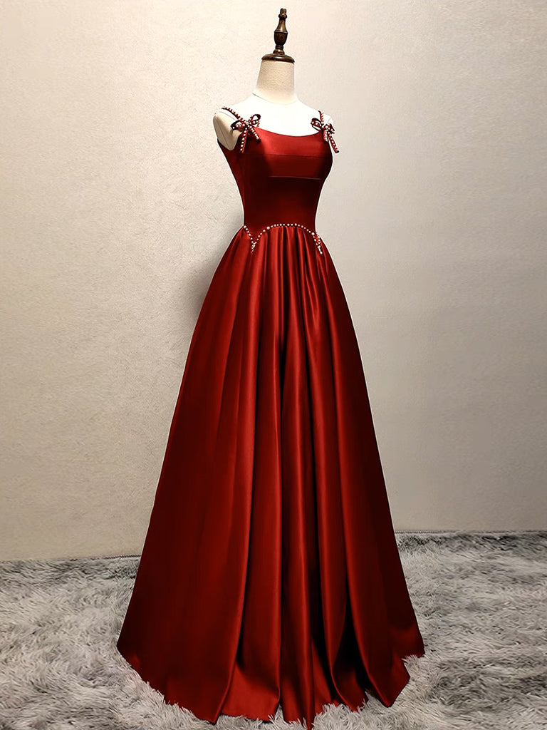 Elegant A-Line Satin Burgundy Long Prom Dress for Women - Formal Evening Gown for Homecoming, Ball, Wedding - Perfect for Special Occasions & Red Carpet Events