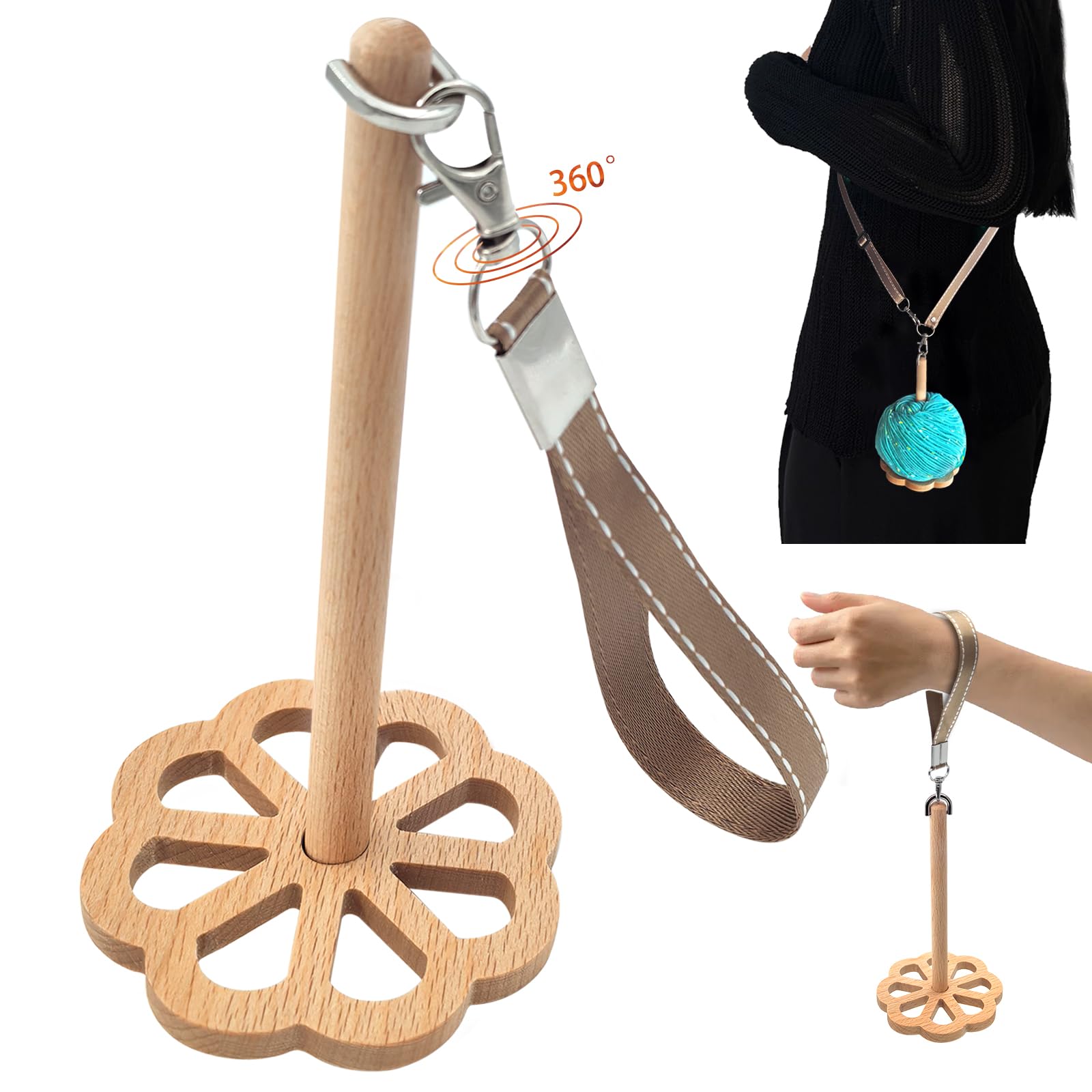Portable Wooden Wrist Yarn Holder with Adjustable Crossbody Strap - Handmade Solid Wood Yarn Spinner & Organizer for Knitting, Crocheting - Perfect Craft Gift for Knitters & Crochet Lovers (Ideal for Travel, Home Use & DIY Projects)