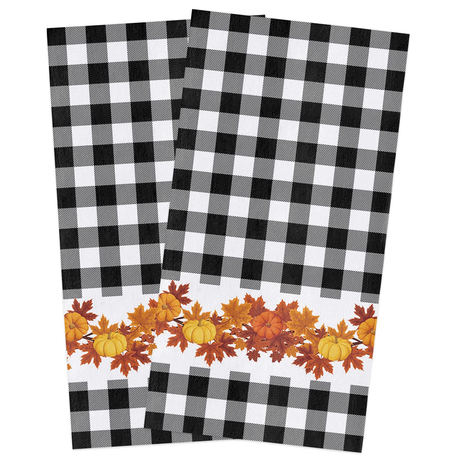 Premium Microfiber Kitchen Towels Set of 2 - Super Absorbent & Quick-Drying Dish Towels (18x28 Inch) for Thanksgiving & Fall Decor - Soft Reusable Cleaning Cloths for Dishes, Countertops & Glassware - Pumpkin Maple Leaf Black White Plaid Design