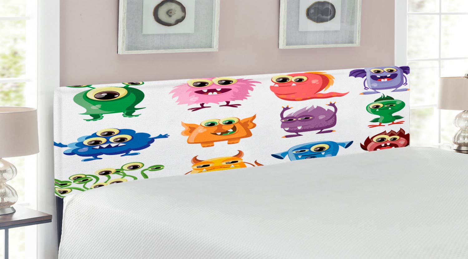 Ambesonne Funny Headboard - Whimsical Cartoon Bacteria & Aliens Design with Memory Foam | King Size Upholstered Metal Bed Headboard | Perfect for Kids' Room, Teen Bedroom & Humorous Home Decor