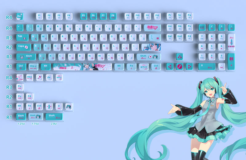Hatsune Miku Themed PBT Keycap Set - 5-Sided Anime Gaming Mechanical Keyboard Keycaps for Custom PC Builds & Gamer Setups
