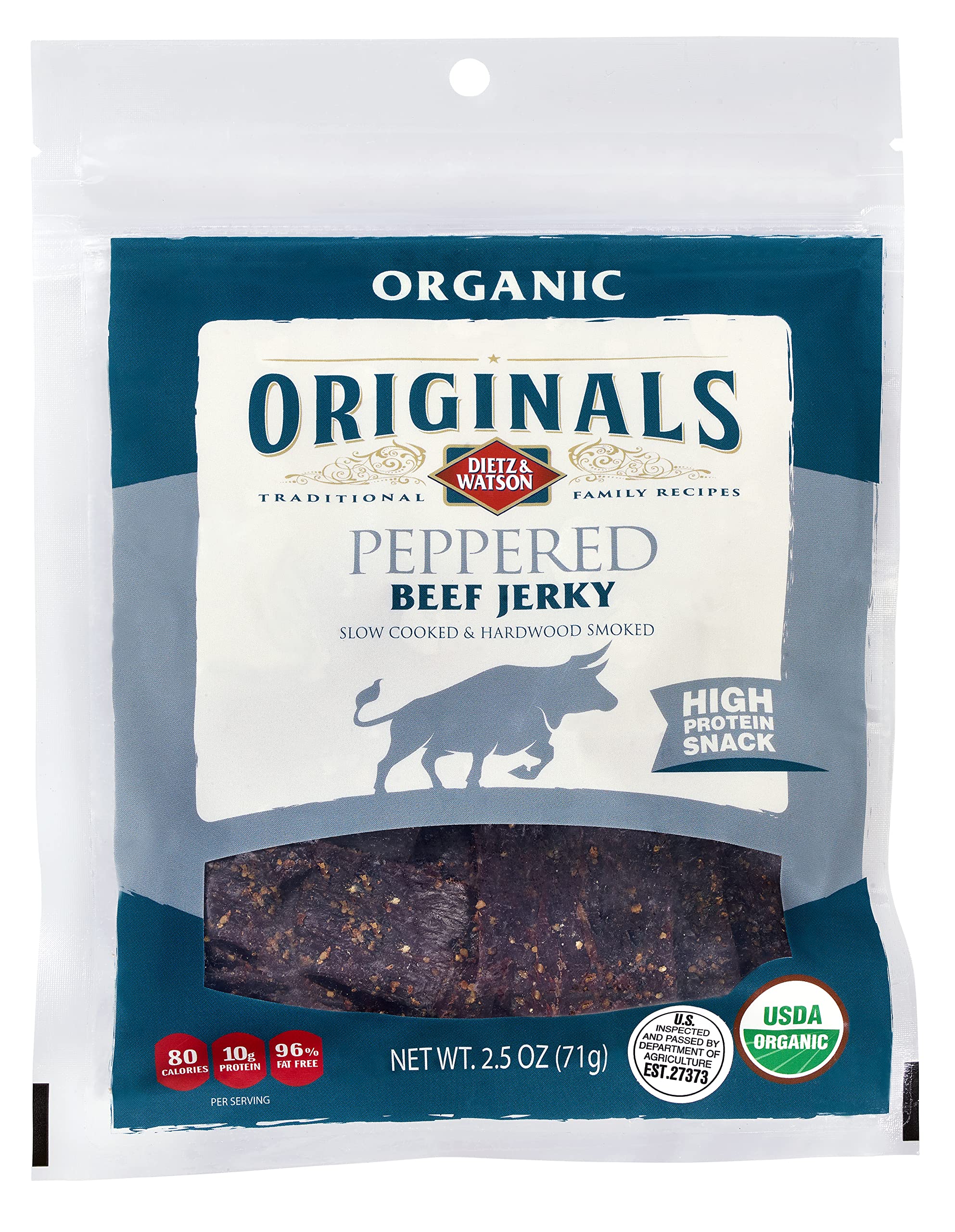 Dietz & Watson Organic Peppered Beef Jerky - 2.5 oz | High Protein Snack for Hiking, Camping & Keto Diet | Gluten-Free & All-Natural Meat Snacks