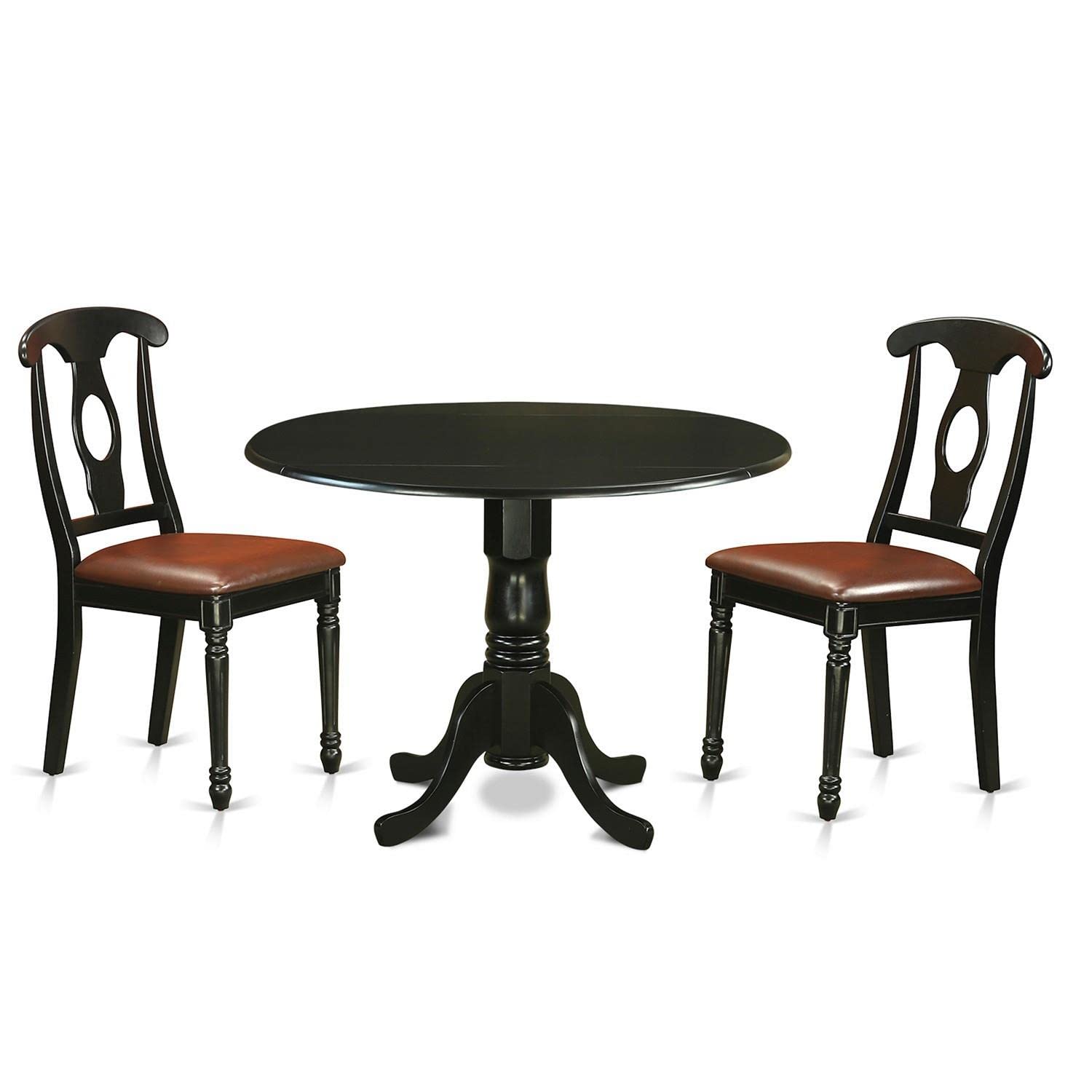 East West Furniture DLKE3-BLK-LC 3-Piece Round Kitchen Dining Set with Drop Leaf Table & 2 Faux Leather Chairs, 42x42 Inch, Black - Perfect for Small Spaces, Breakfast Nooks, and Cozy Apartments