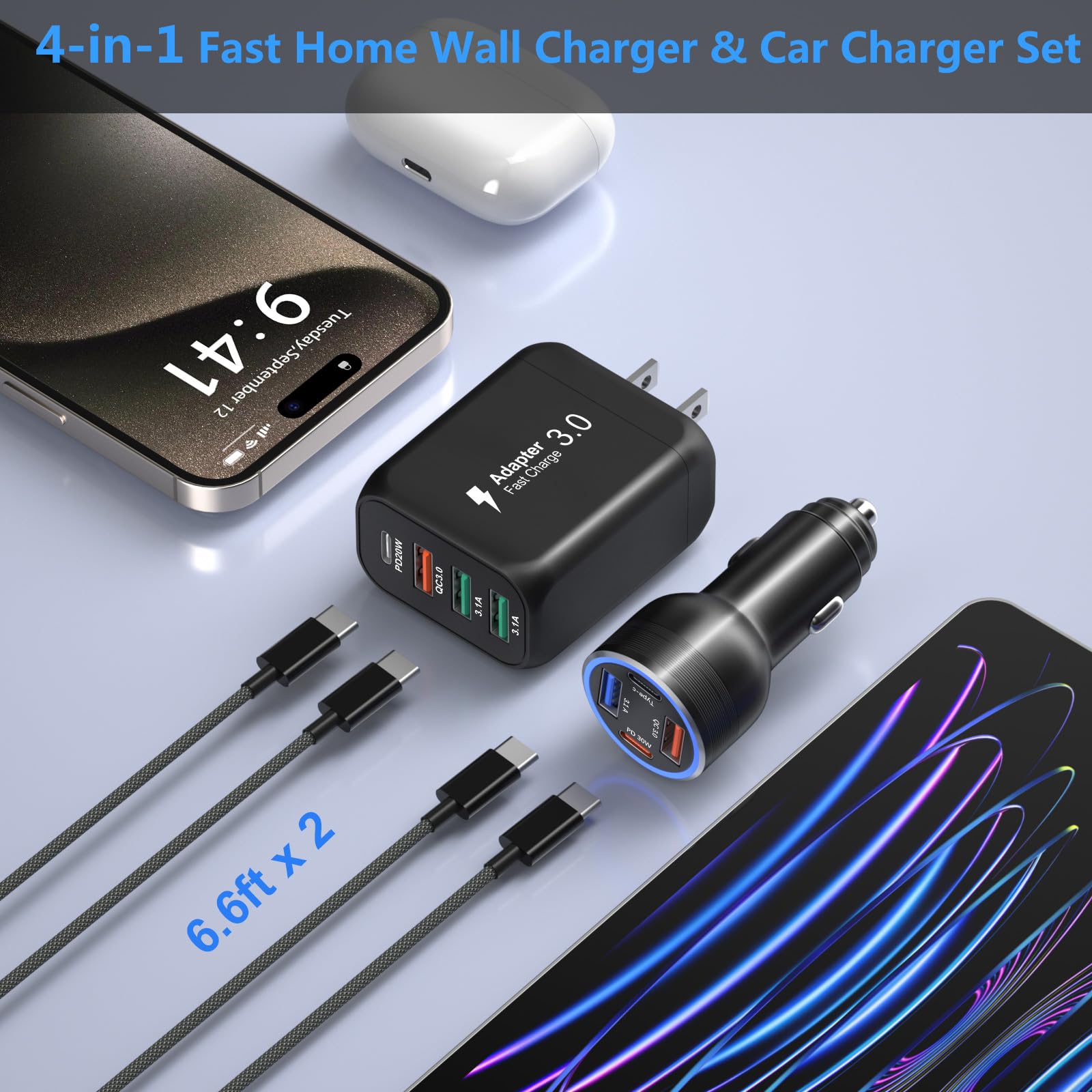 65W USB C Car Charger with 4 Ports - PD/QC 3.0 Fast Charging Adapter for iPhone 15/14/13/12/11, Samsung Galaxy, Google Pixel & Android Phones - Perfect for Road Trips & Daily Commutes