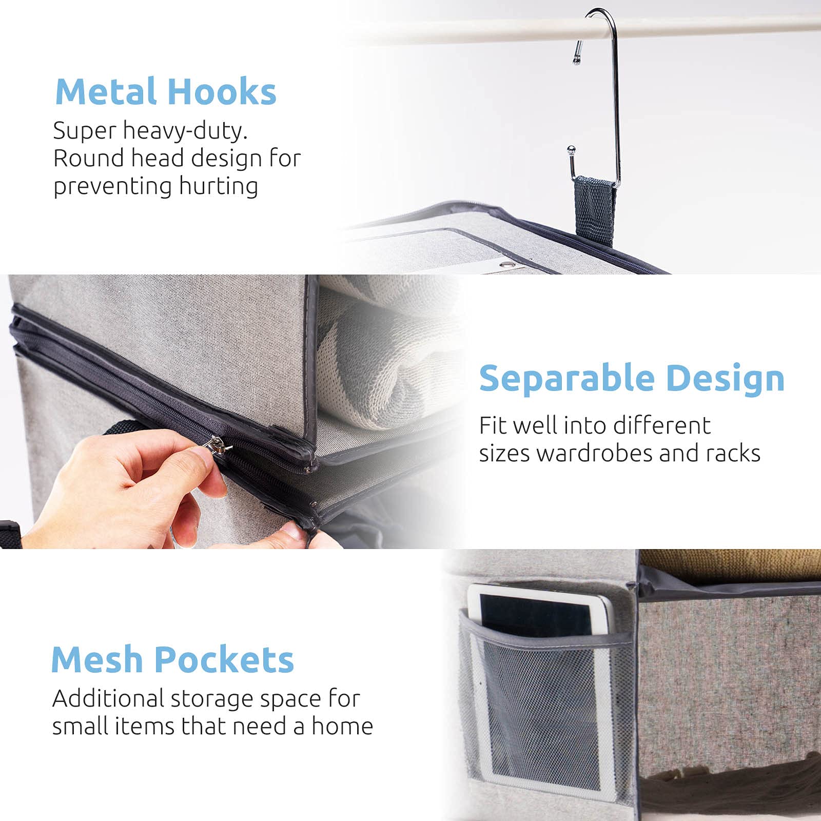 2-Pack Gray Hanging Closet Organizer with 3 Adjustable Shelves - Space Saving Storage for Closet, Dorm, RV, Apartment & Small Spaces - Foldable Shelves for Clothes, Shoes & Accessories Organization