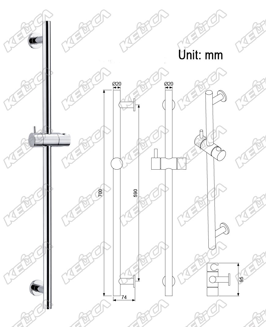 Kelica Solid Wall Mount Brass Hand Shower Slide Bar - Adjustable Chrome Shower Head Holder for Bathroom, Spa & Accessibility Needs