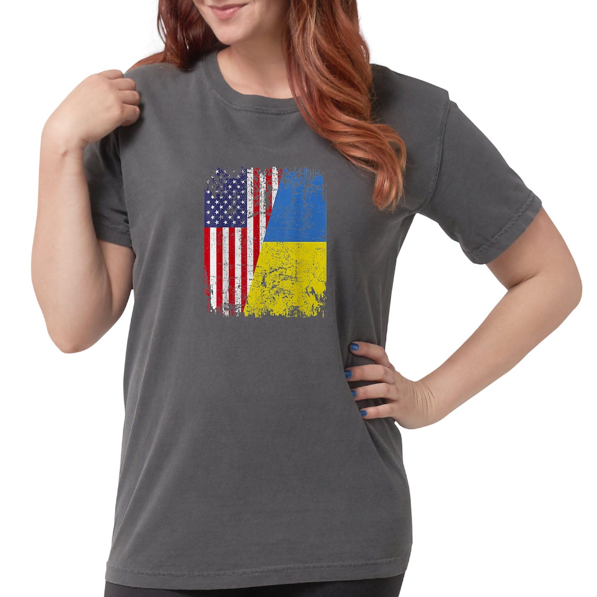 Ukrainian Roots Half American Flag T-Shirt for Women - Comfort Colors Soft Cotton Tee - Patriotic Apparel for Ukrainian Americans & Supporters