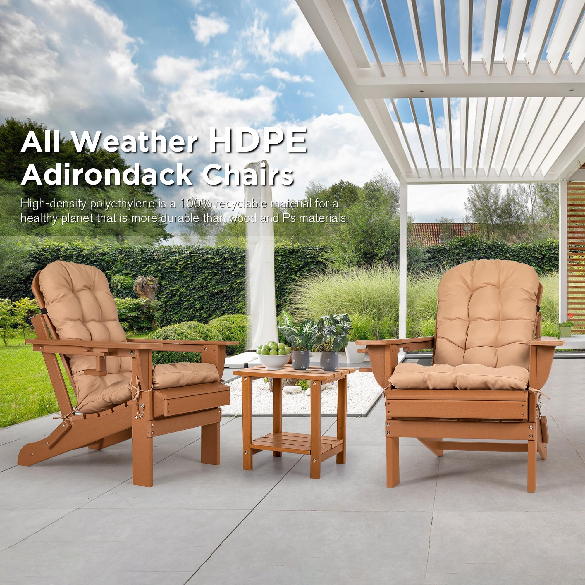 Premium HDPE Plastic Folding Adirondack Chair with Cushion & Cup Holder - Weather-Resistant Oversized Patio Chair for Outdoor, Garden, Deck, Fire Pit & Camping - Comfortable Teak Wood Design for Relaxation & Entertaining