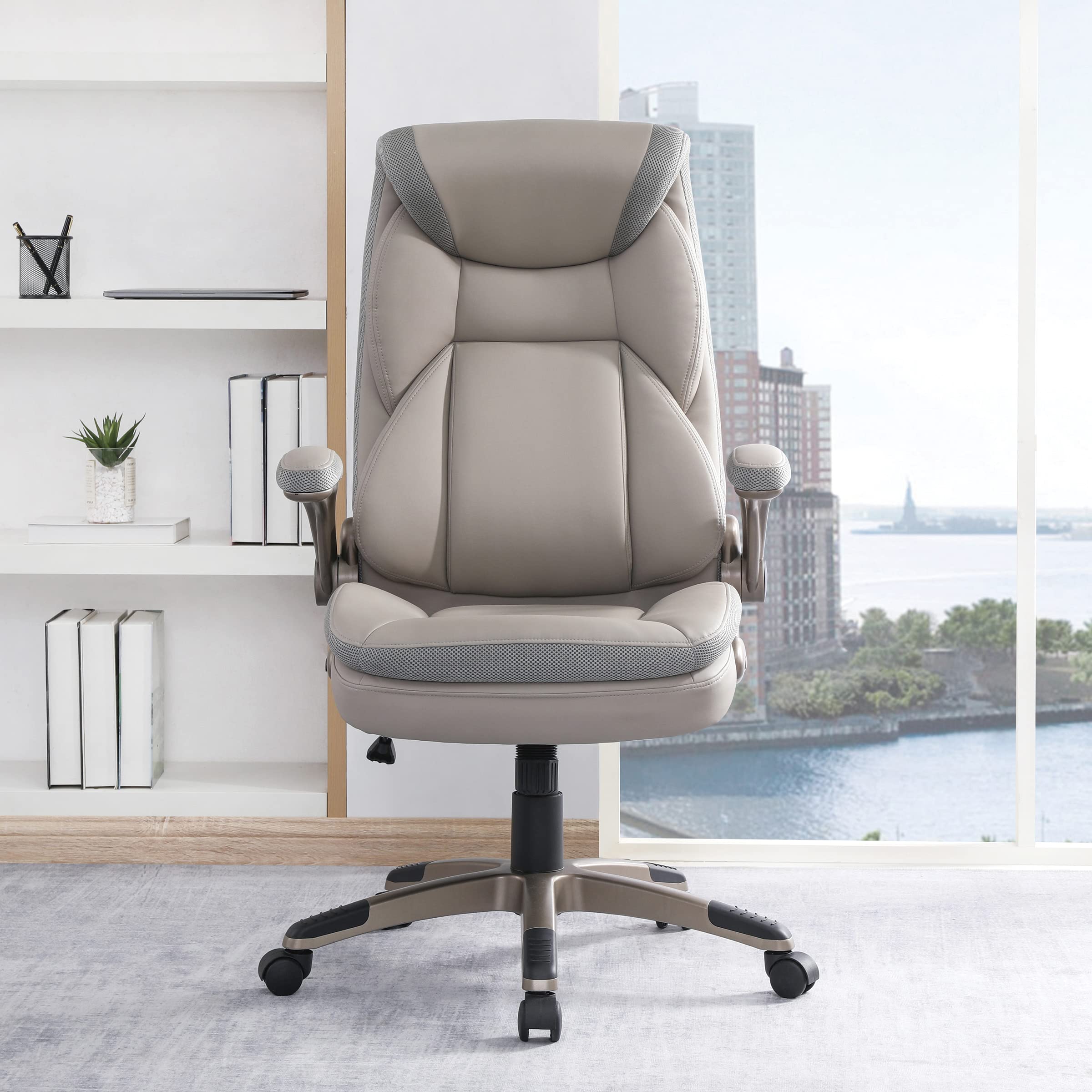 Office Star ECH Series Executive Bonded Leather Office Chair with Lumbar Support & Adjustable Arms - Taupe with Cocoa Base | Ergonomic Desk Chair for Home Office, Gaming & Workspace Comfort