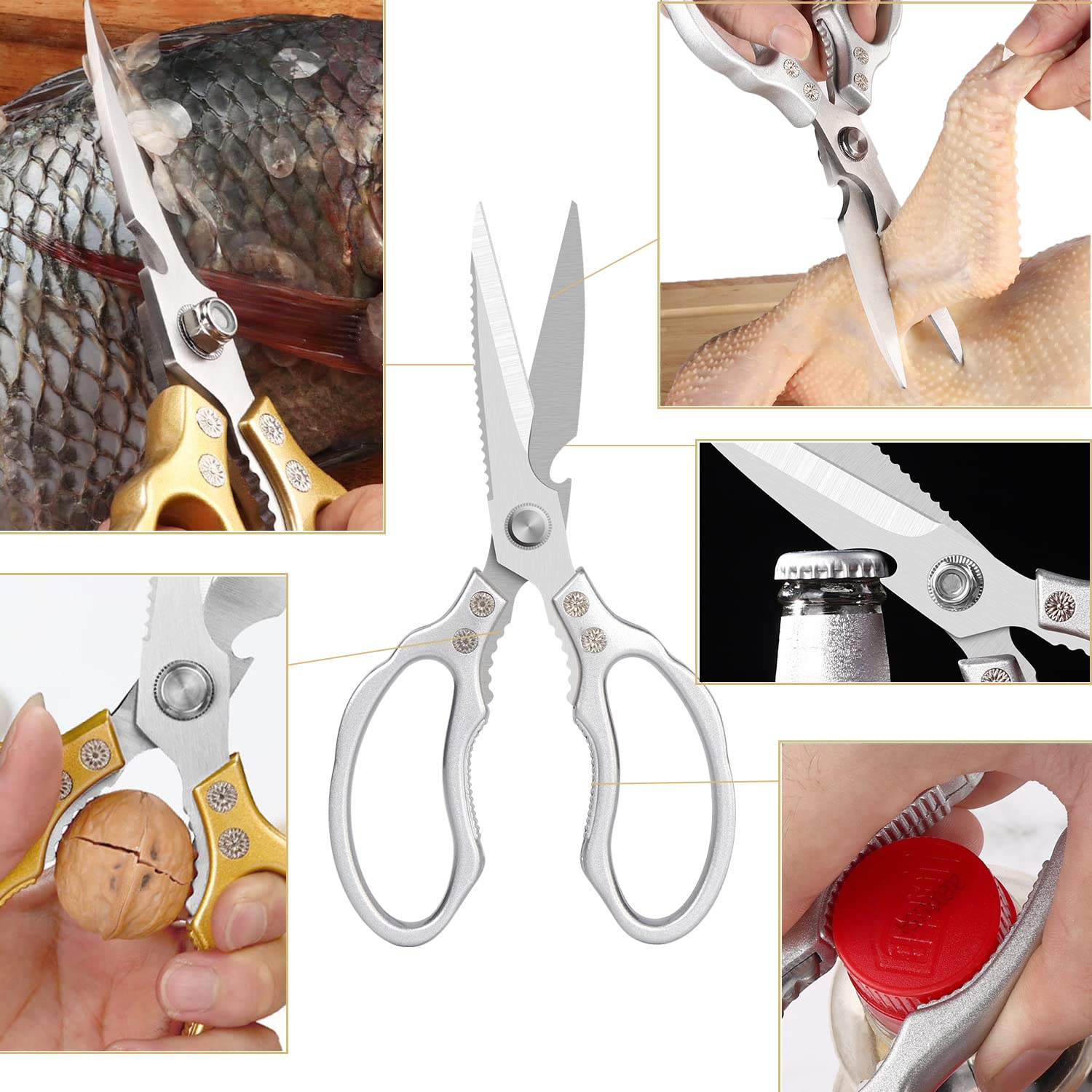 Heavy Duty Stainless Steel Kitchen Scissors - All-Purpose Food Shears for Cutting Meat, Poultry, Fish, Bones & Herbs - Premium Metal Kitchen Gadget (Silver) | Perfect for Meal Prep, Butchering & Cooking Tasks