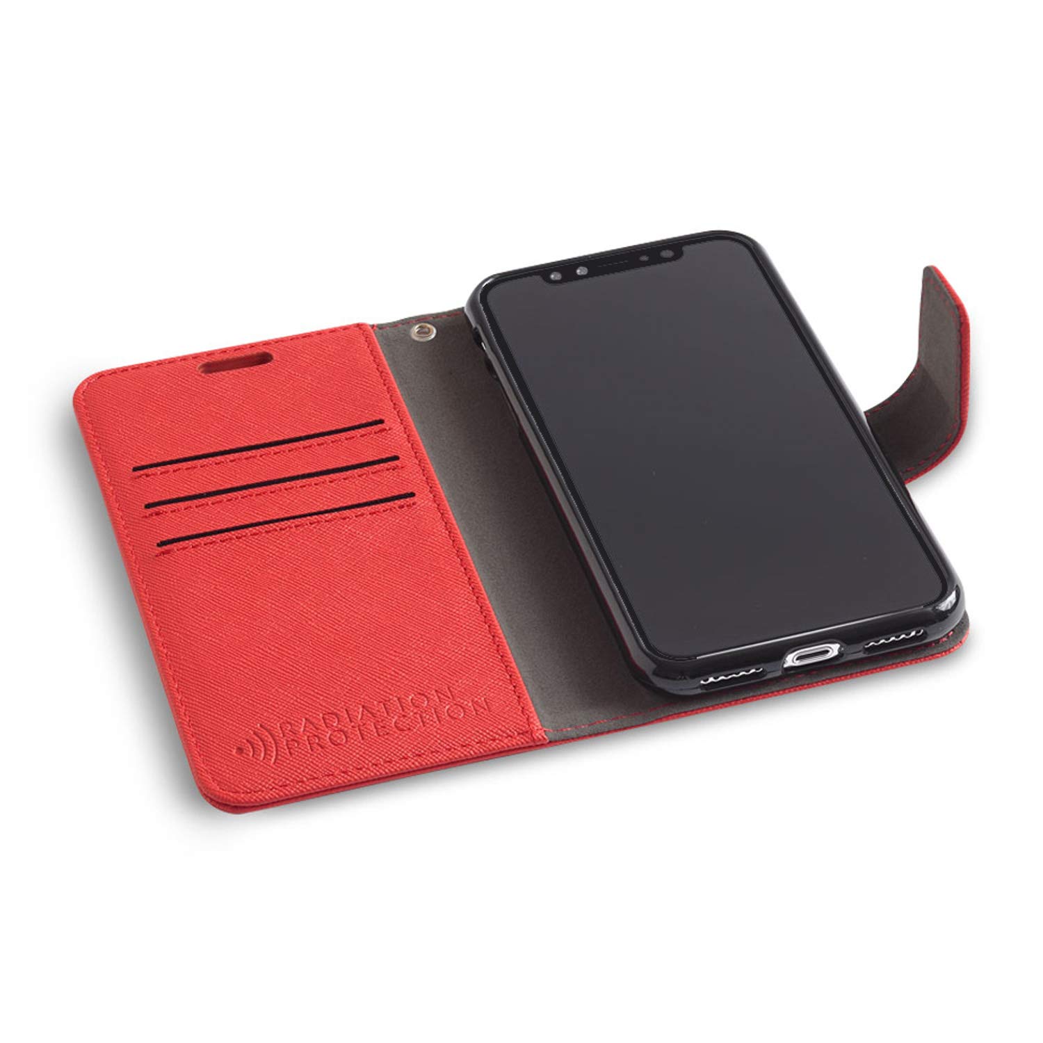 EMF Protection iPhone 12 Pro Case - RFID Blocking Vegan Leather Wallet with Adjustable Stand | SafeSleeve Anti-Radiation Phone Cover for Women & Men (Red) | Perfect for Travel, Work & Daily Commute