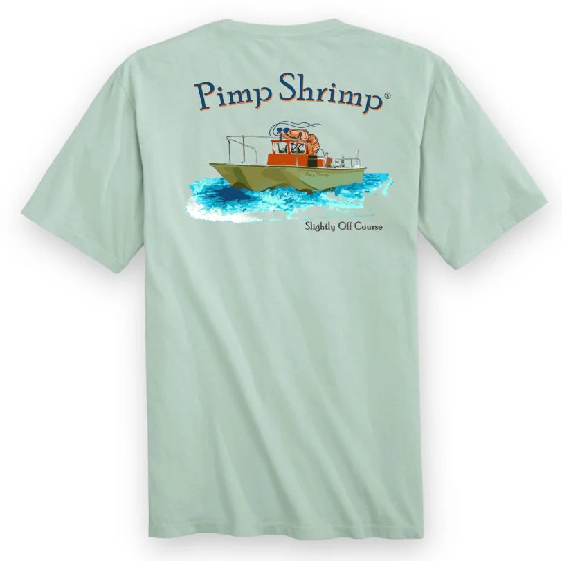 Pimp Shrimp Slightly Off Course Graphic T-Shirt - Funny Fishing Tee for Men & Women - Perfect for Anglers, Boat Trips, and Beach Outings