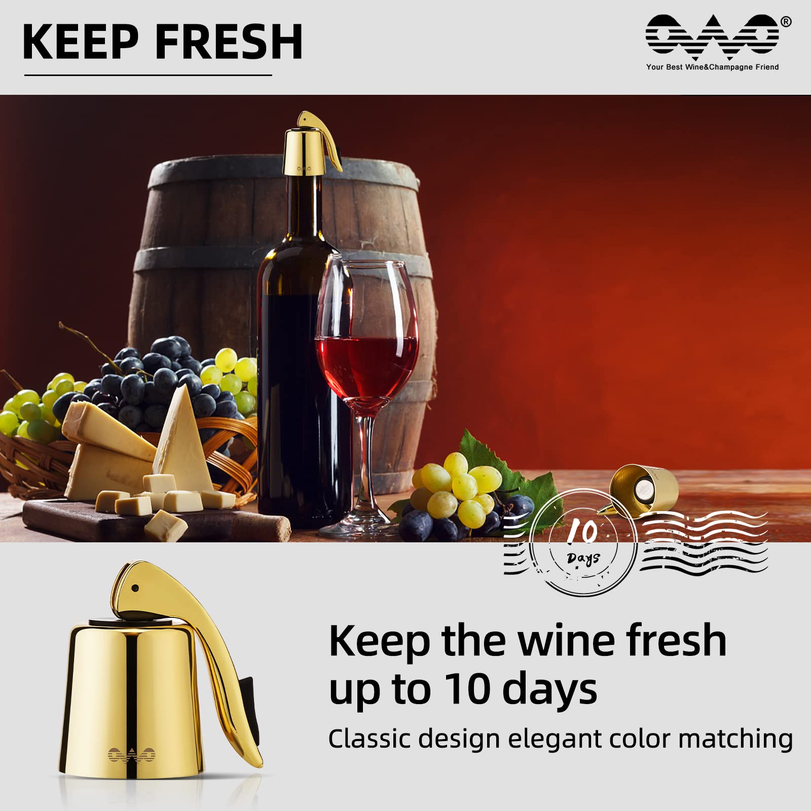 Premium Stainless Steel Wine Bottle Stopper with Silicone Seal - Reusable Wine Saver & Decorative Bottle Sealer (Gold, 2 Pack) - Keeps Wine Fresh for Parties, Gifts & Home Bars