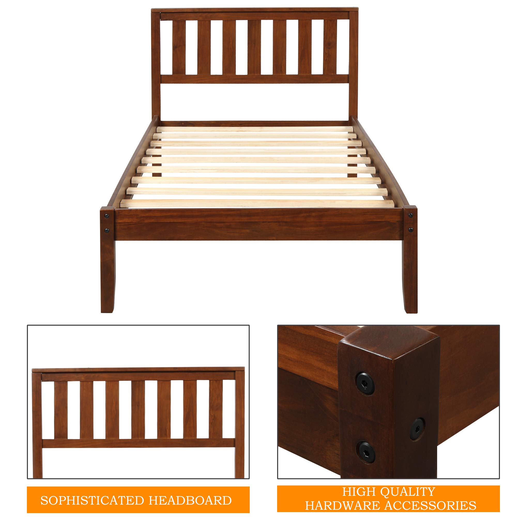 MERITLINE Solid Wood Twin Bed Frame with Headboard & Footboard - No Box Spring Needed, Walnut Finish - Perfect for Kids Rooms, Guest Bedrooms & Small Spaces