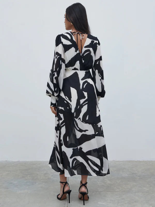 Lilianna Balloon Sleeve Midaxi Dress - Monochrome Abstract Print Flowy Women's Dress for Wedding, Party & Special Occasions