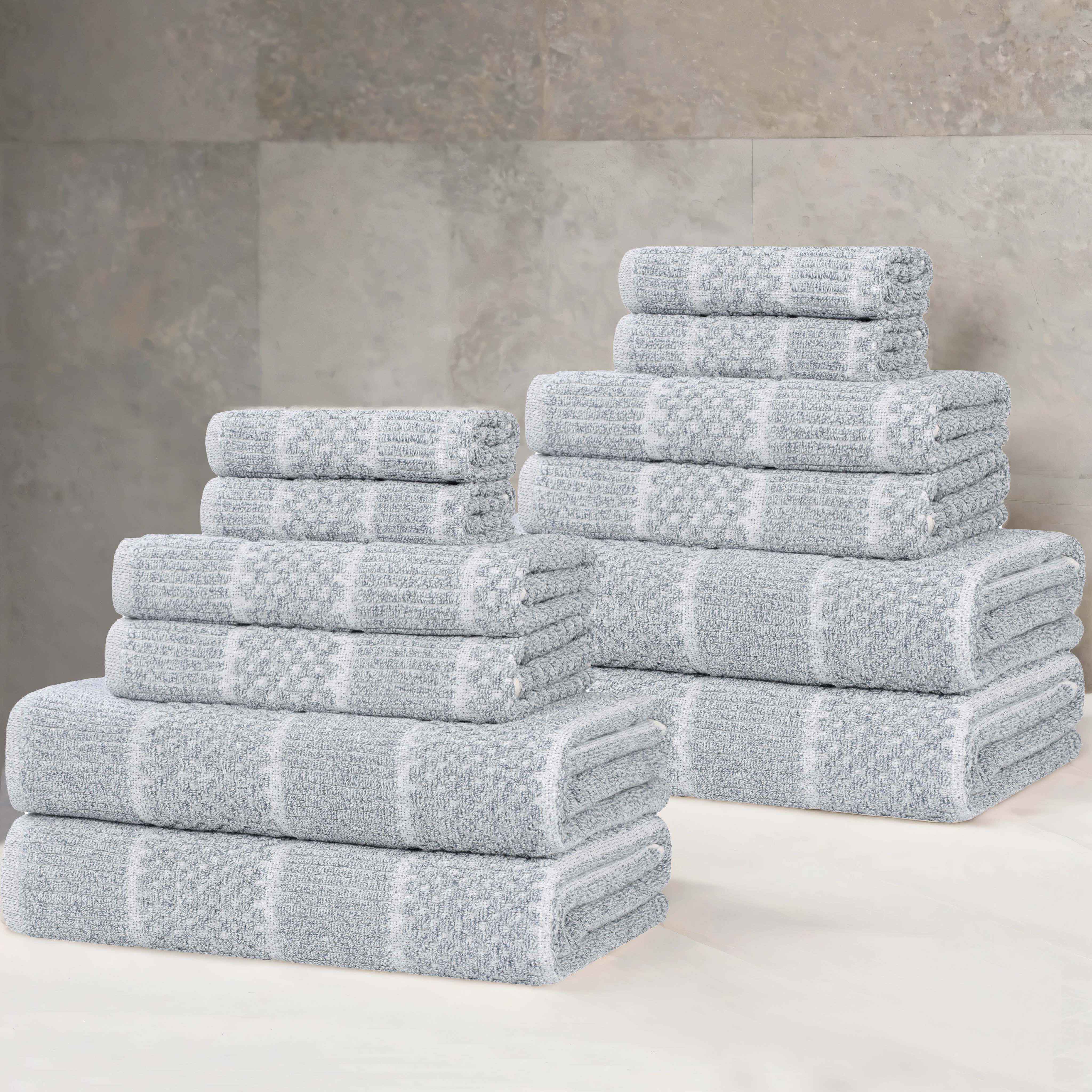 Premium 12-Piece Cotton Blend Checkered Ribbed Towel Set - Soft & Absorbent Bath & Beach Towels for Home, Spa, and Pool Use