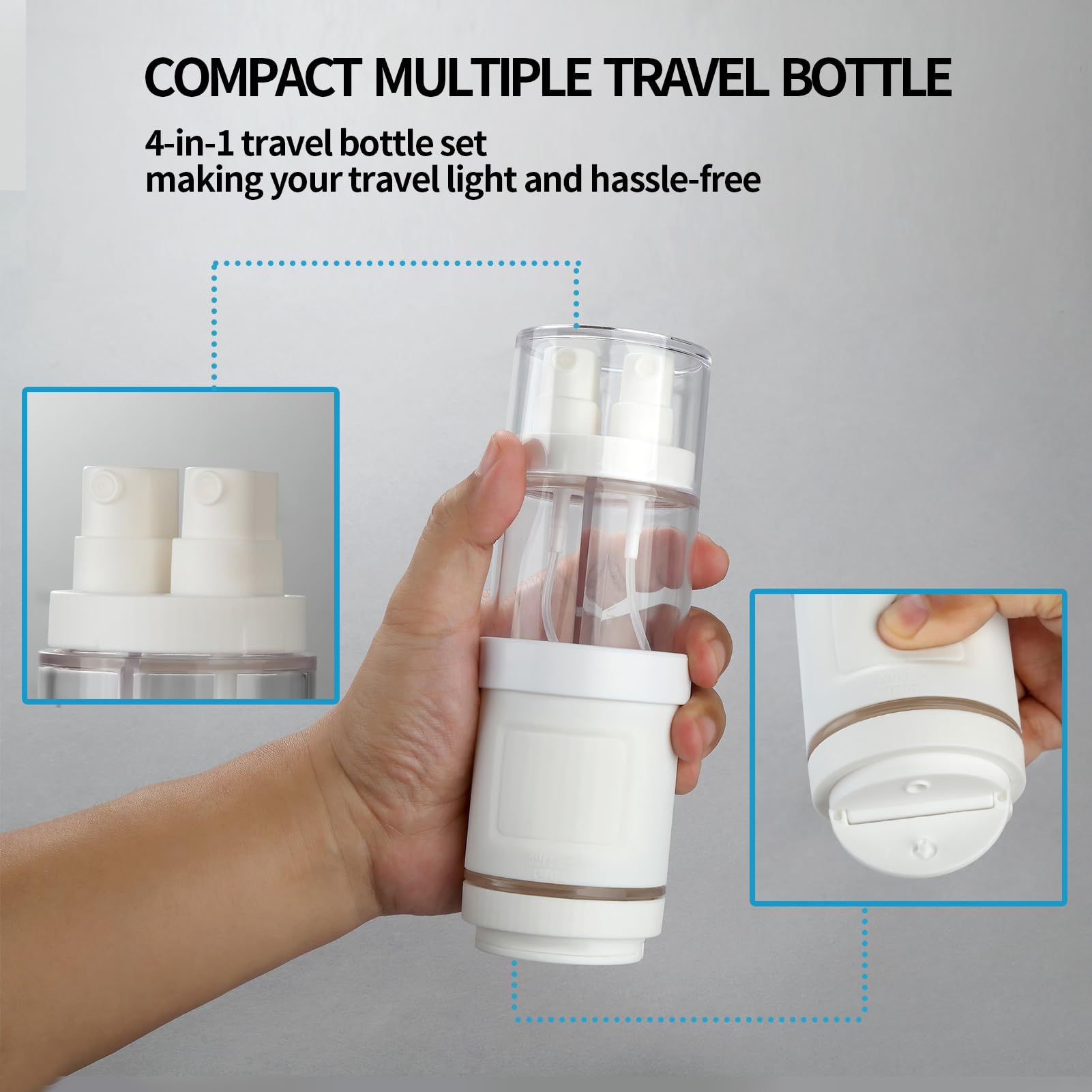 4-in-1 Leak Proof Travel Size Bottles Set - BPA Free Spray & Pump Dispensers for Toiletries | Refillable Travel Containers for Cream, Toner & Lotion | Perfect for Airplane Carry-on, Gym Bag & Vacation Essentials