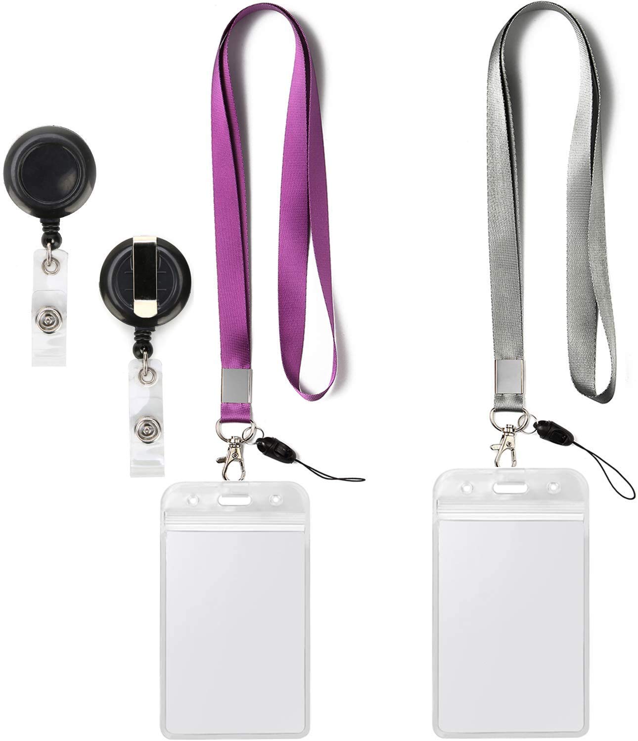 2 Packs Retractable ID Badge Holder with Lanyard - Vertical Clear PVC Card Holder, Waterproof Resealable Zipper (Purple/Gray) - Perfect for Office, School, Events & Security Access Control