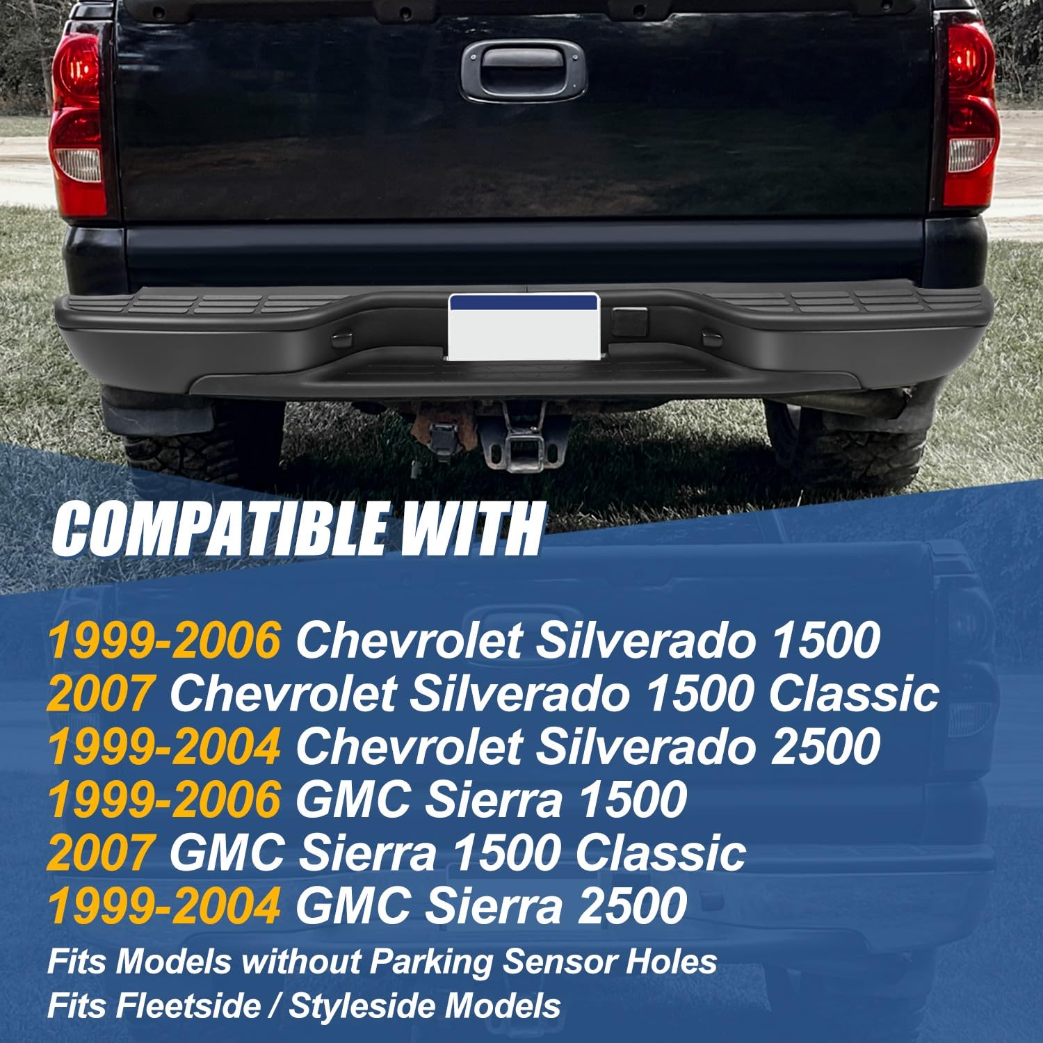 Auto Dynasty Rear Step Bumper Assembly for 1999-2006 Chevy Silverado & GMC Sierra 1500/2500 | 2007 1500 Classic Fleetside/Styleside | Black Powder Coated | w/License Plate Lights | No Parking Sensor Hole | Heavy Duty Truck Accessory for Off-Road & Towing