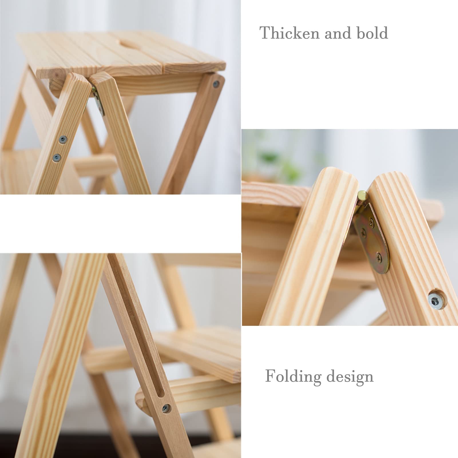 2-Step Folding Wooden Step Stool - Portable Safety Ladder Stool, Multi-Purpose Small Step Stool for Kitchen, Library & Home Use - Non-Slip Mobile Step Ladder Chair