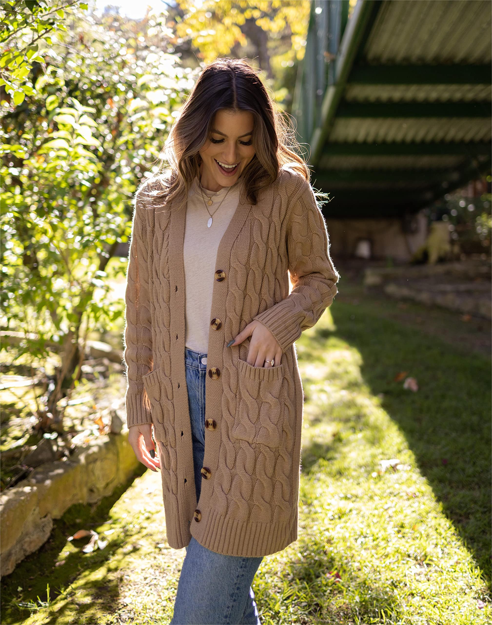 PRETTYGARDEN Women's Chunky Cable Knit Long Sleeve Cardigan - Open Front Button Sweater with Pockets for Fall Winter 2025 | Cozy Layering for Office, Date Night & Casual Outfits
