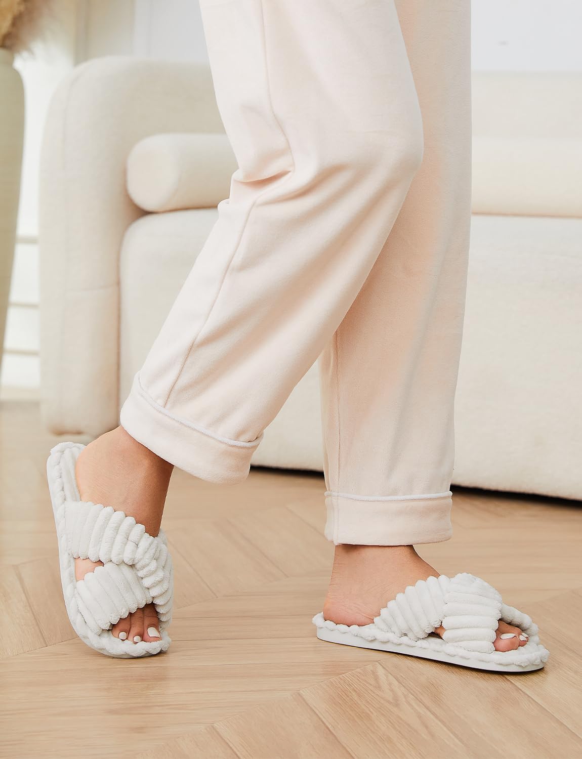 Cozy Pyro Slippers for Women - Soft Furry Slide Shoes with Cross Bands & Anti-Skid Sole - Open Toe House Slippers for Bedroom, Lounge & Indoor Comfort