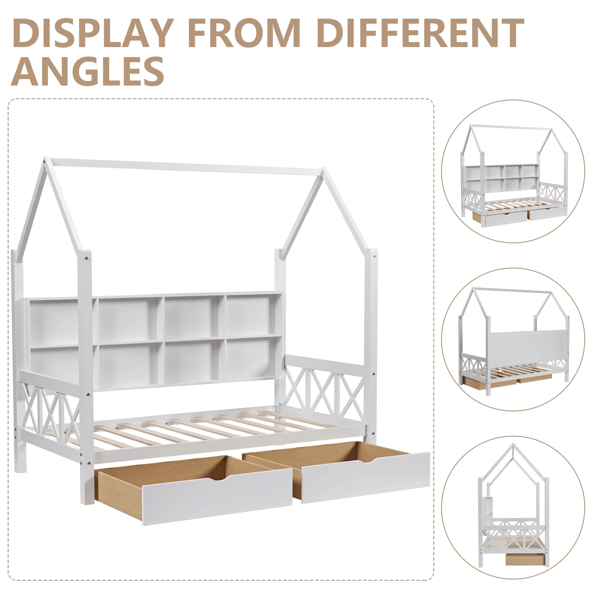 Montessori Twin Bed Frame for Kids - White Wooden House Bed with Headboard, 2 Storage Drawers & Safety Fence - Sturdy Platform Bed with Wood Slats (74.4