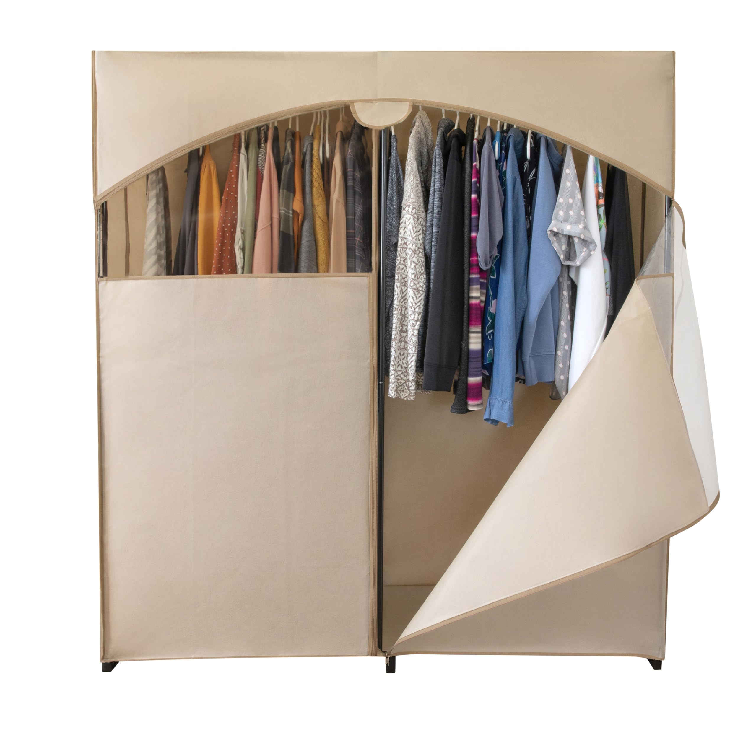 Premium Heavy Duty Portable Wardrobe Closet with Beige Cover - Large Metal Hanging Rod, 50 lb Capacity - Easy No-Tool Assembly for Travel, Camping & Temporary Storage