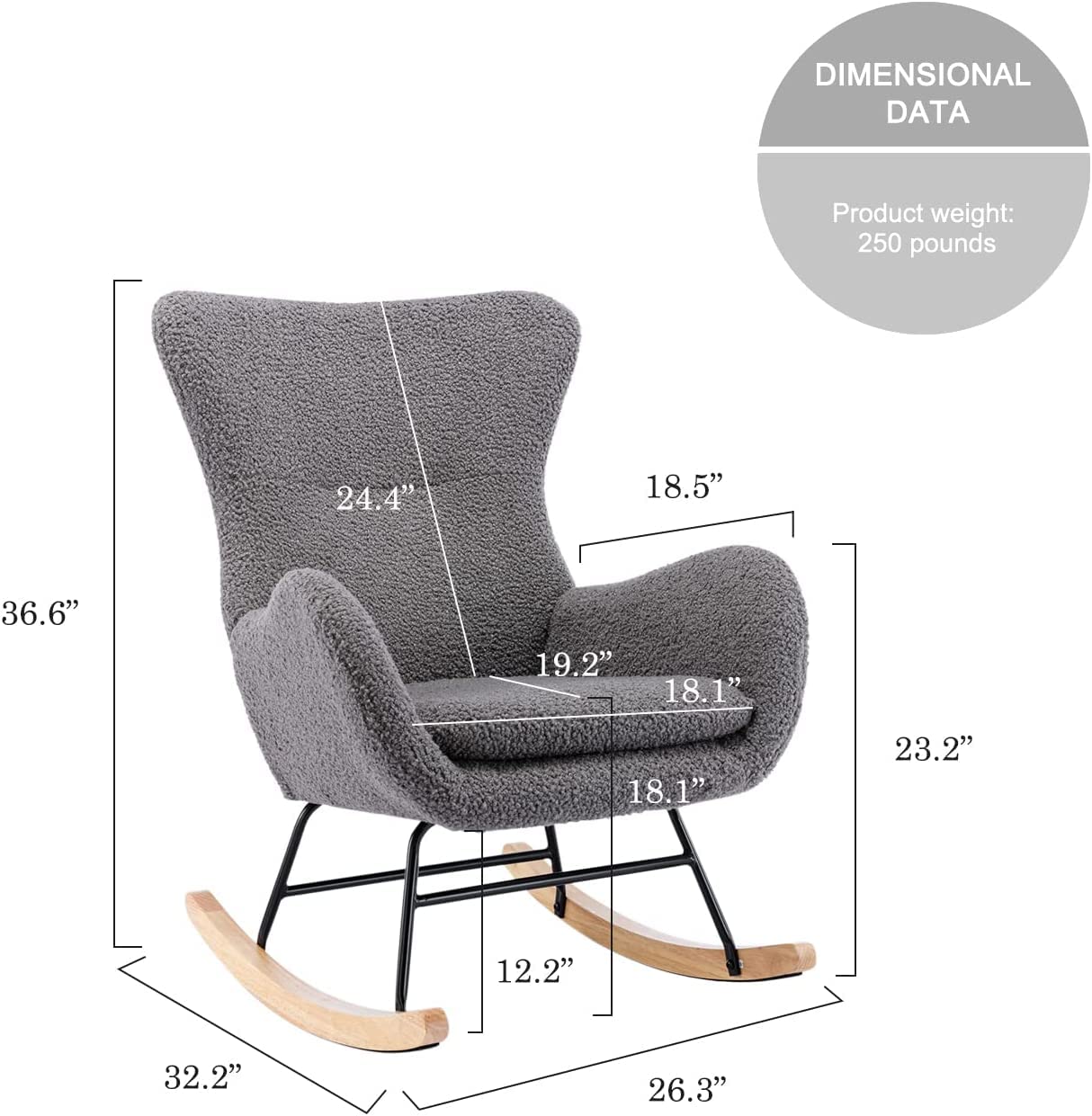 Modern Rocking Chair - Plush Upholstered Accent Chair with High Backrest & Armrests, Nursery Glider Rocker for Baby Room, Living Room & Bedroom (Grey) - Perfect for Nursing, Relaxing & Home Decor