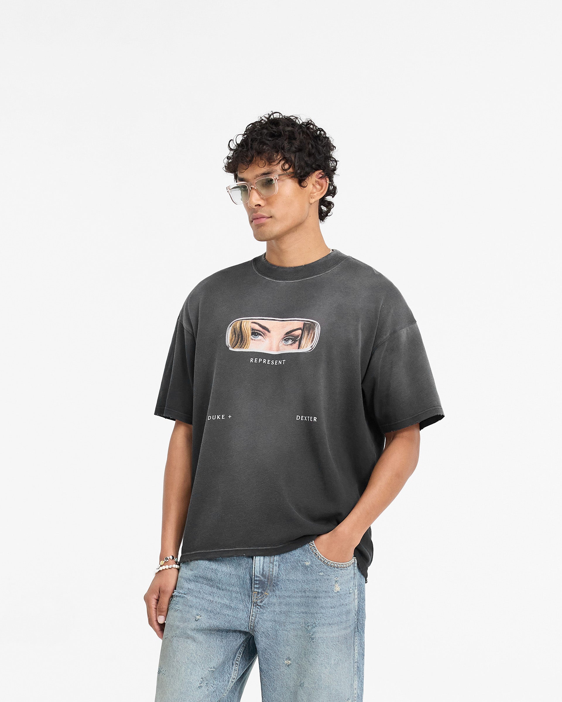 Represent X Duke + Dexter Rearview Mirror Graphic T-Shirt - Stained Black | Vintage Inspired Streetwear for Casual Outfits & Urban Fashion