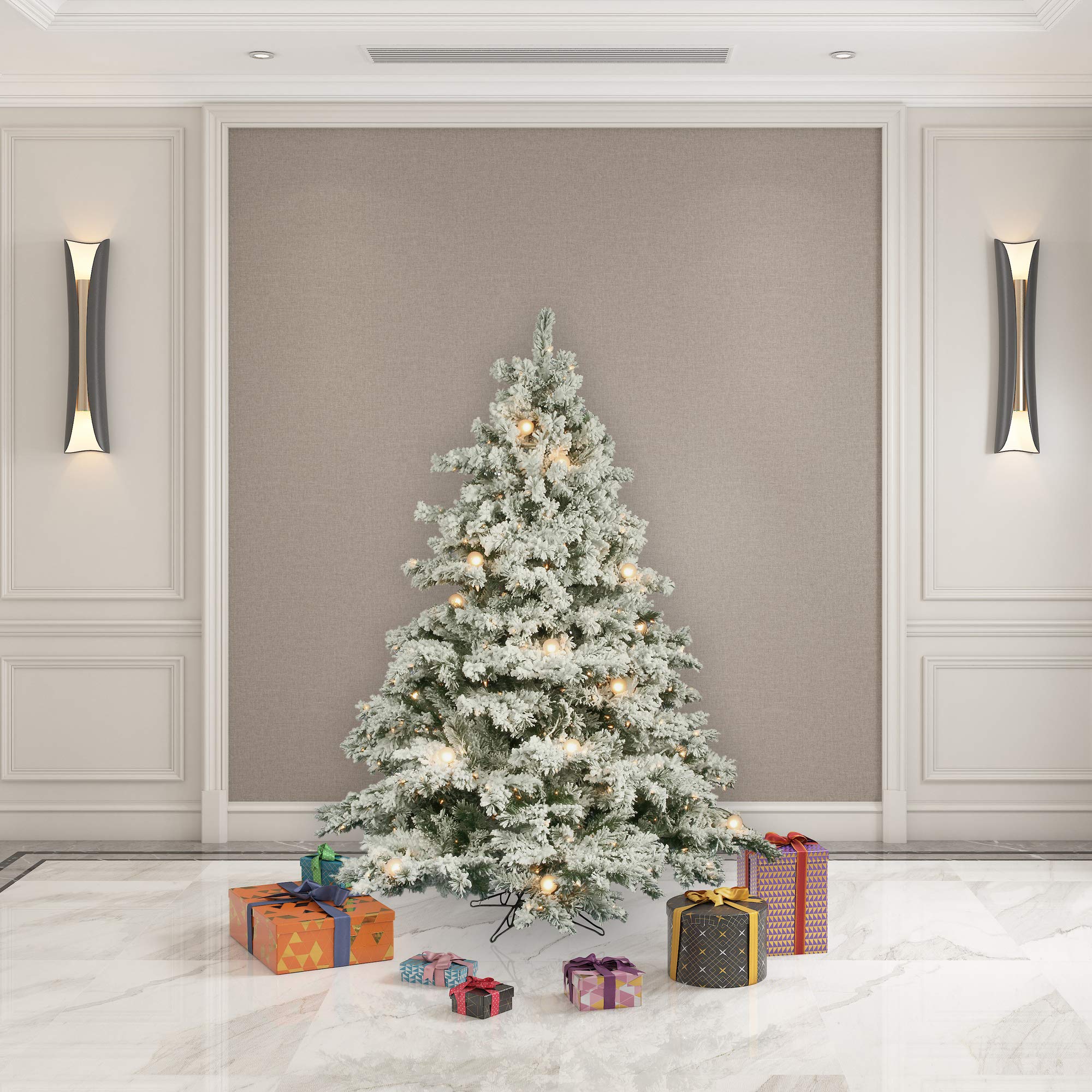 Vickerman 6.5ft Pre-Lit Flocked Alaskan Pine Artificial Christmas Tree with 600 Dura-Lit® Clear Lights & 30 G50 Lights - 1045 PVC Tips for Indoor Holiday Decor | Perfect for Living Room, Office & Festive Home Decoration