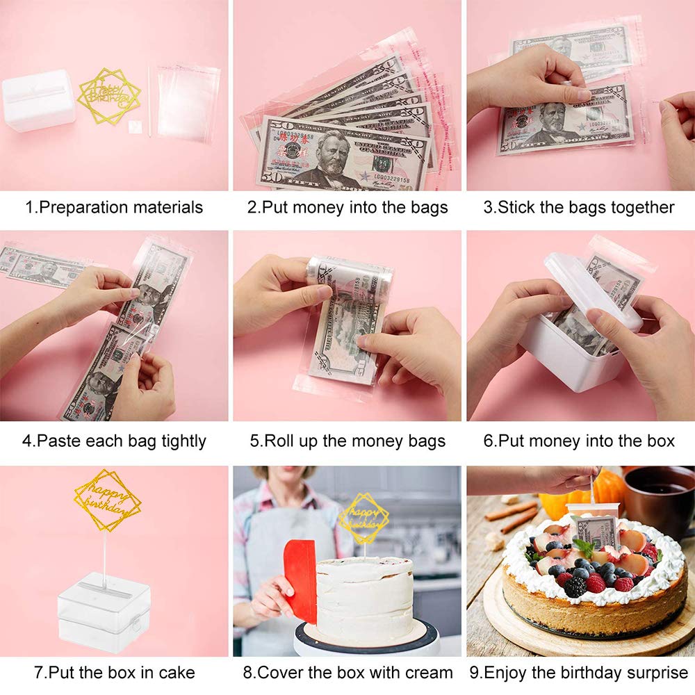 Money Pull Out Cake Kit - Includes 1 Clear Food-Safe Box, 1 Gold Cake Topper & 20 Money Pockets for Birthday Party Decorations | Perfect for Surprise Cash Gifts at Weddings, Graduations & Special Celebrations