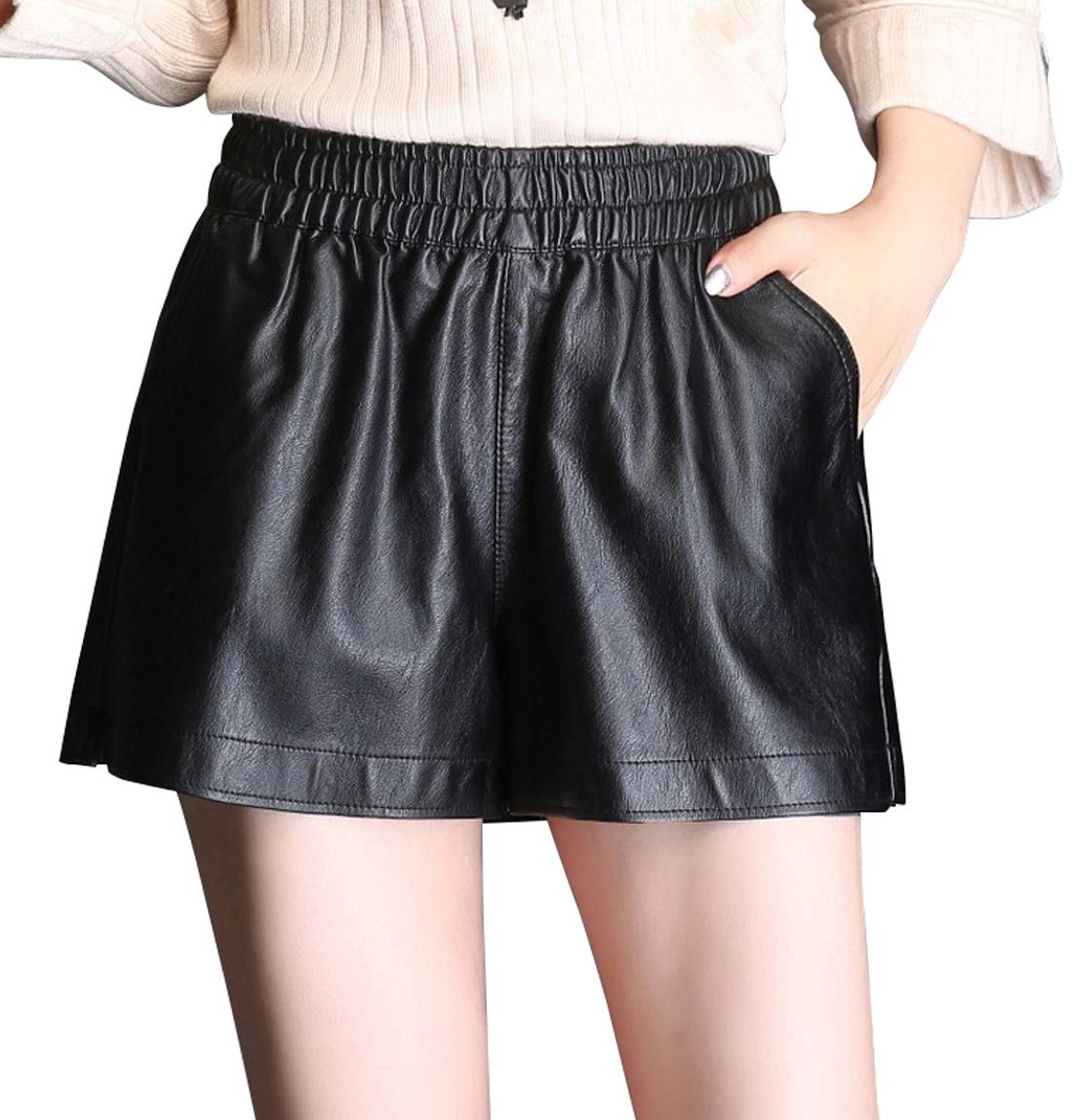 CHARTOU Women's High Waist Stretchy PU Leather Wide Leg Shorts with Side Slits - Perfect for Casual Outfits, Night Out & Summer Fashion