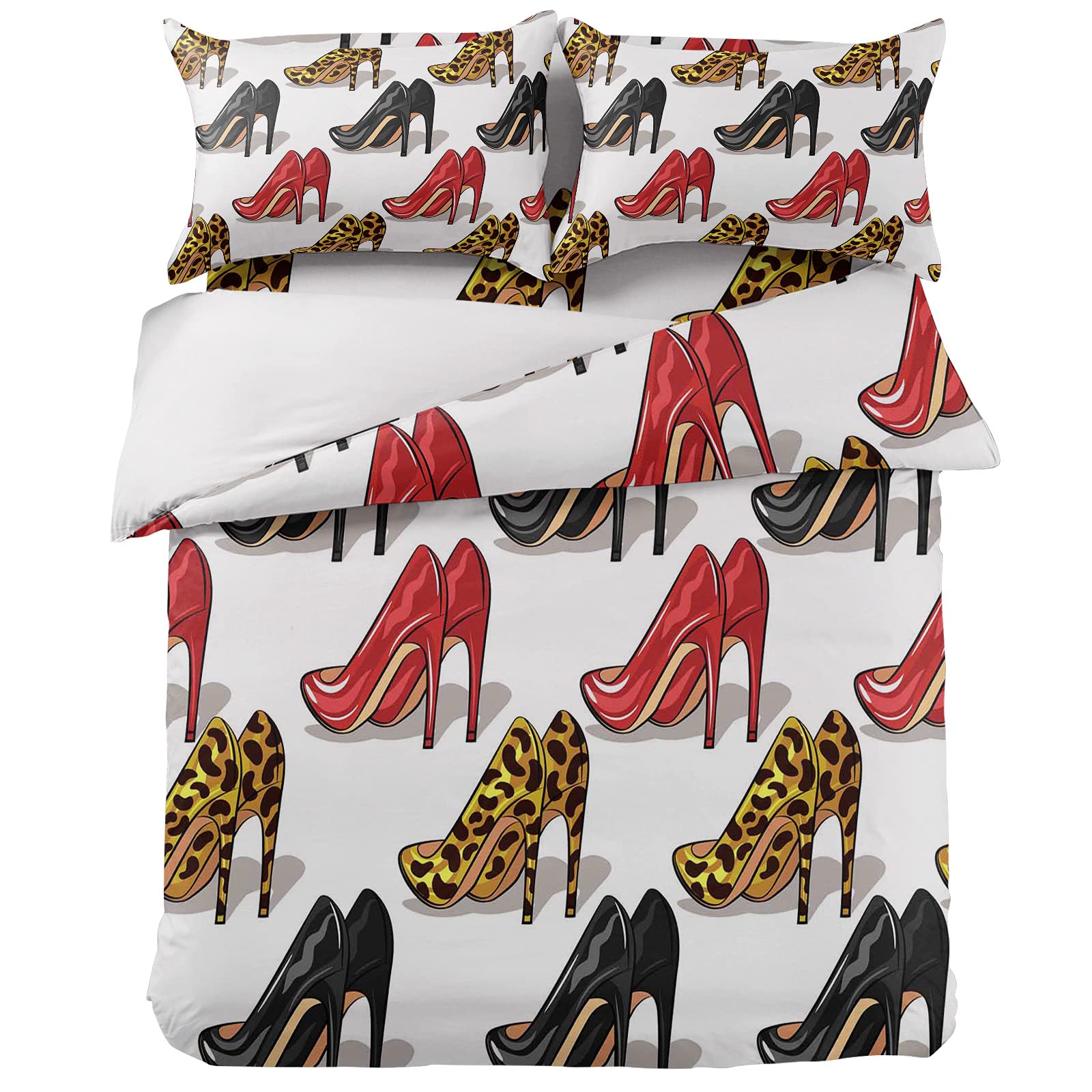 Z&L Home 4-Piece Soft Duvet Cover Set - Leopard & High Heels Print Bedding with Flat Sheet & Decorative Pillow Shams for Teen Girls, Boys, Men & Women - Red & Black Bedroom Decor - Perfect for Modern Bedrooms, Dorm Rooms & Guest Rooms