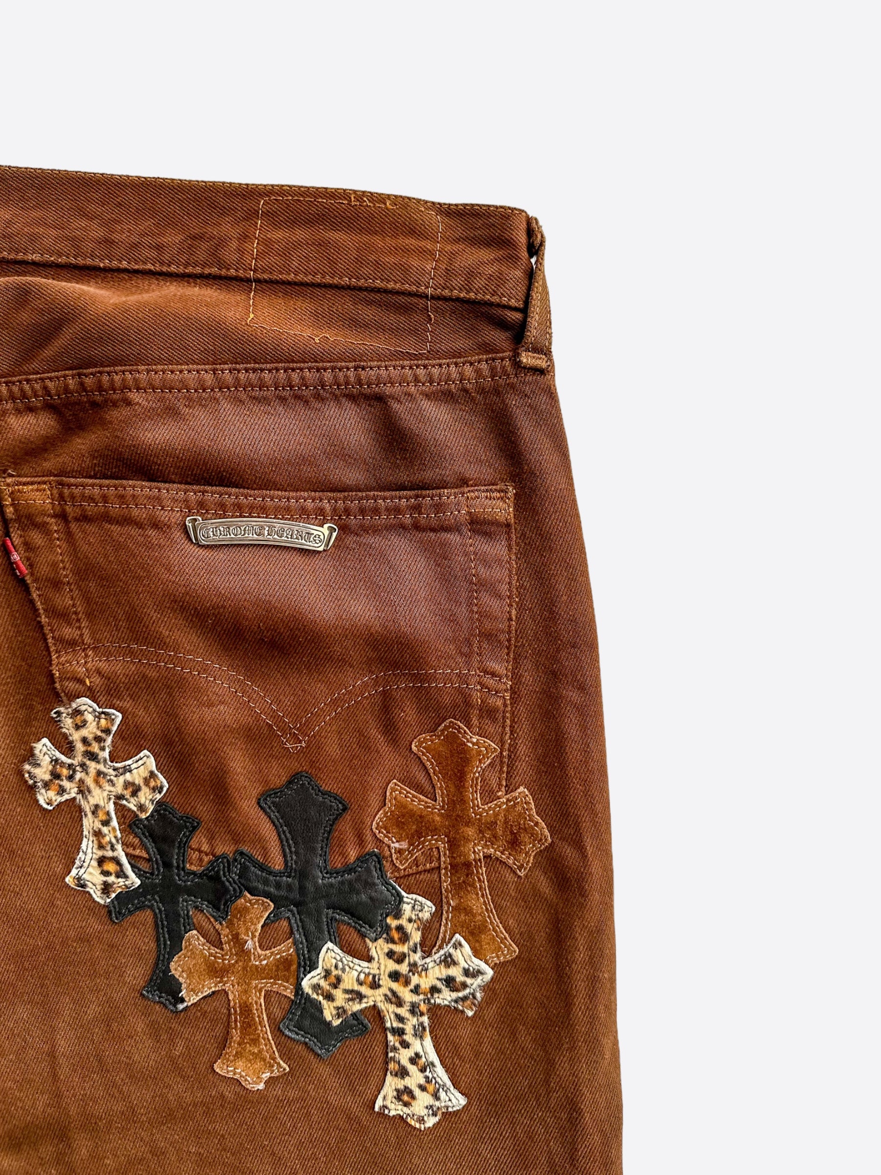 Chrome Hearts x Levi's Brown Exclusive Cross Patch Jeans for Men & Women | Limited Edition NYFW Collaboration | Perfect for Streetwear, Fashion Shows & Casual Outfits