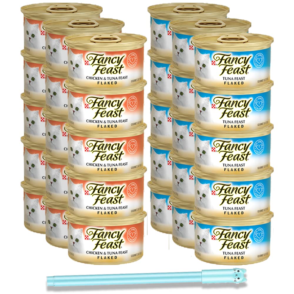 Fancy Feast Wet Cat Food Flaked Variety Pack - 30 Cans of Delicious Seafood Flavors for Adult Cats | Includes Free Cat-Themed Pen | Perfect for Mealtime, Travel & Gifting