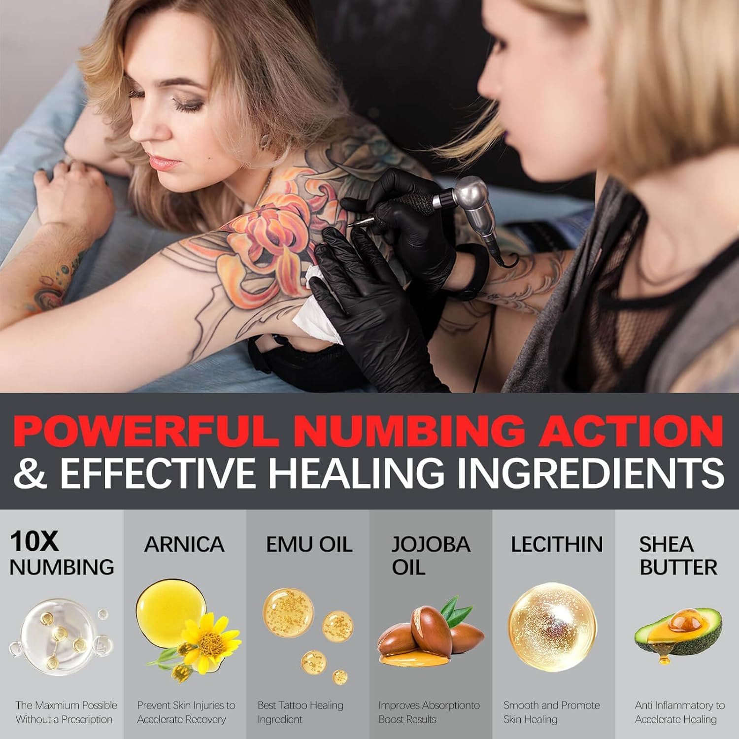 Maximum Strength 8-Hour Tattoo Numbing Cream (2oz/60ml) - Extra Potent Pain Relief with 10X Numbing Power, Emu Oil & Arnica | For Tattoos, Piercings, Waxing & Cosmetic Procedures