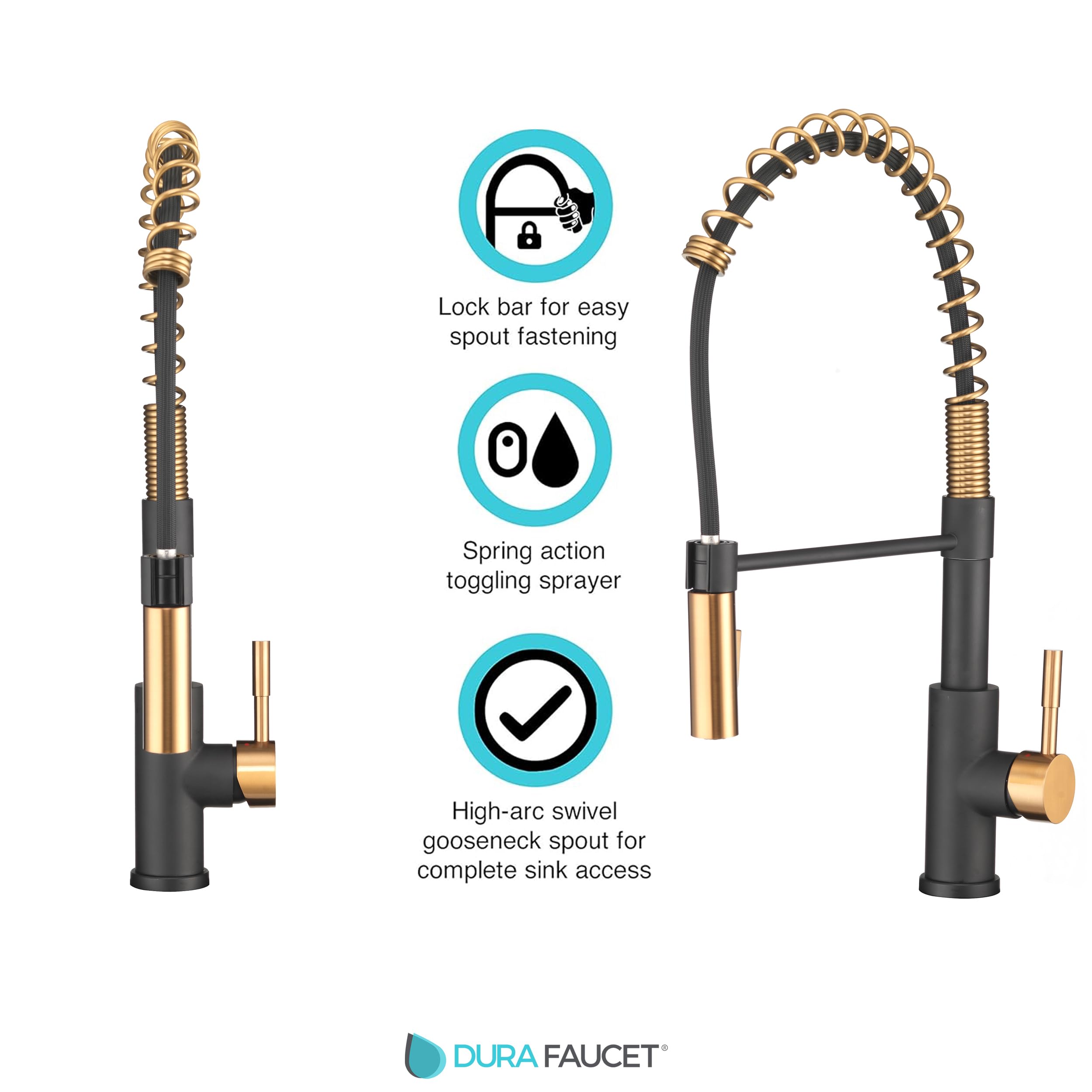 Dura Faucet DF-MK504SLK-MBRG RV Swivel High-Arc Spring Kitchen Sink Faucet - Single Handle Pull-Down Sprayer Faucet with Optional Deck Plate in Matte Black & Rose Gold - Perfect for RV, Tiny Homes, and Modern Kitchen Upgrades