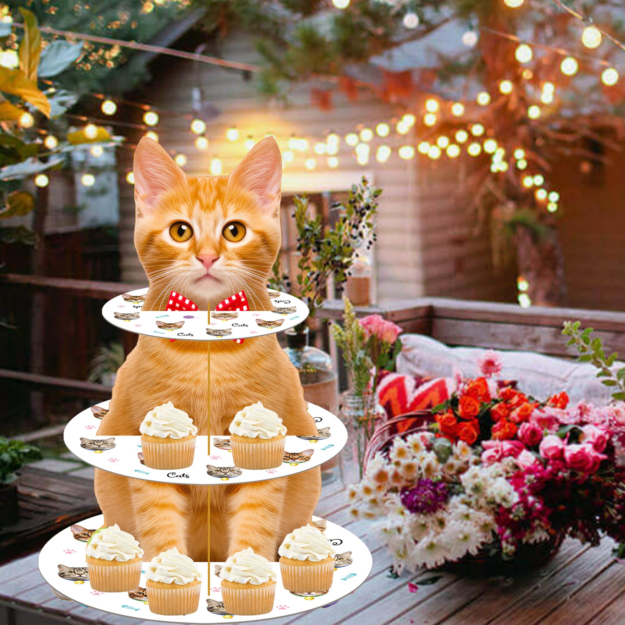 Orange Cat Cupcake Stand - 3 Tier Kitten Theme Dessert Tower for Cat Birthday Party Decorations | Perfect for Cat Lover Parties, Birthday Dessert Displays & Themed Celebrations