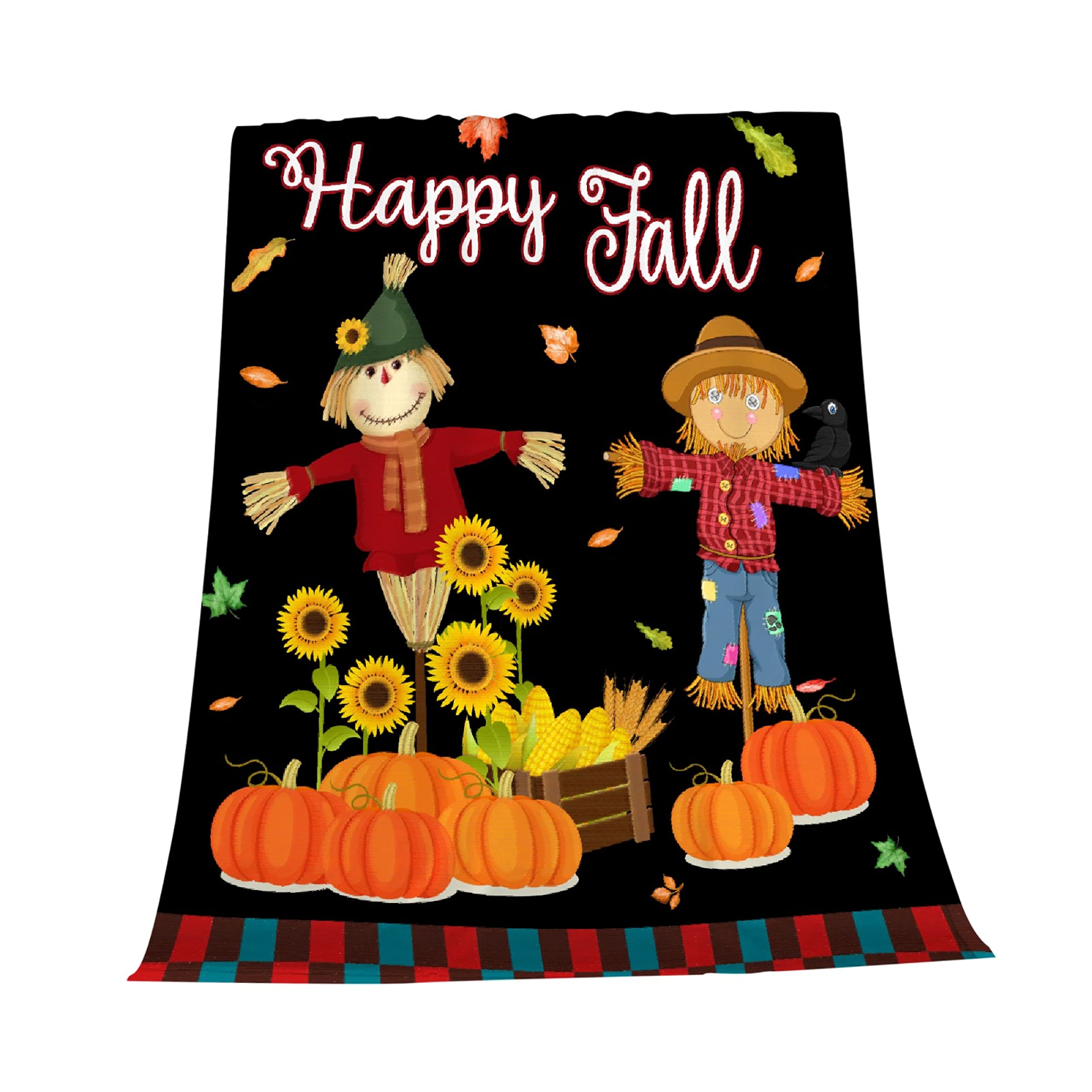 Thanksgiving Pumpkin Scarecrow Happy Fall Blanket - Cozy Autumn Farmhouse Flannel Throw (90